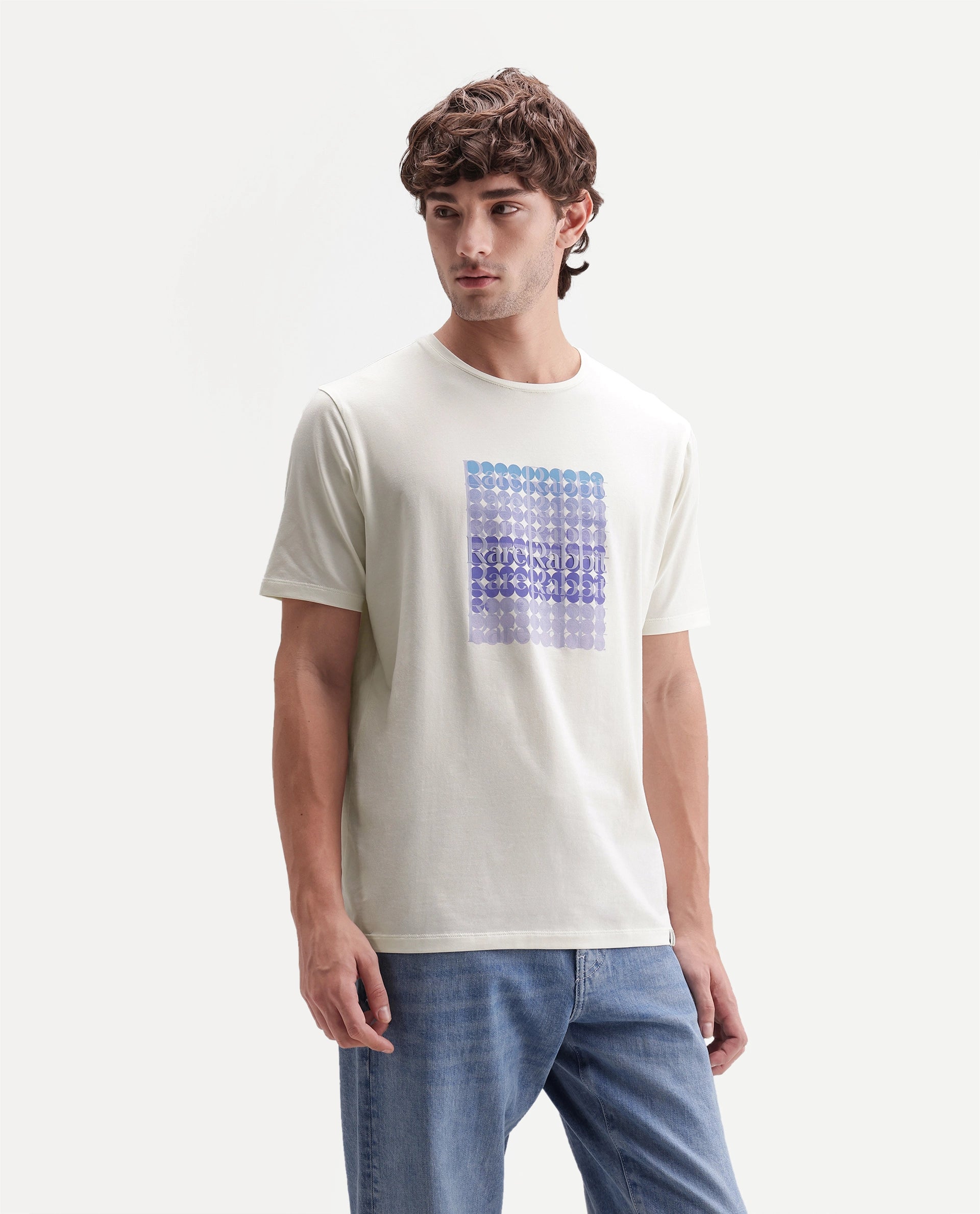 Rare Rabbit Men's Henman Primary Off White Cotton Blend Crew Neck Regular Graphic Print T-Shirt