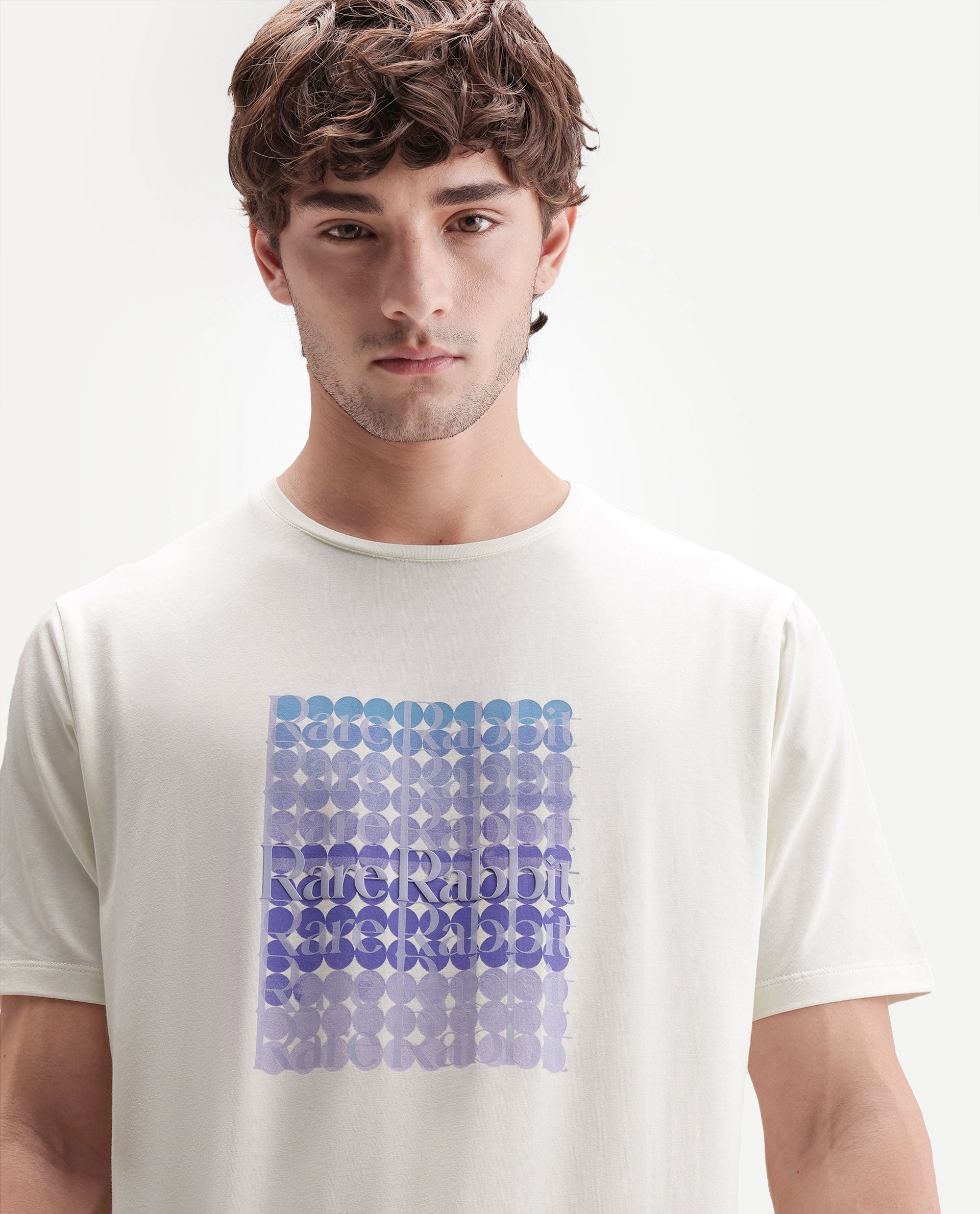 Rare Rabbit Men's Henman Primary Off White Cotton Blend Crew Neck Regular Graphic Print T-Shirt
