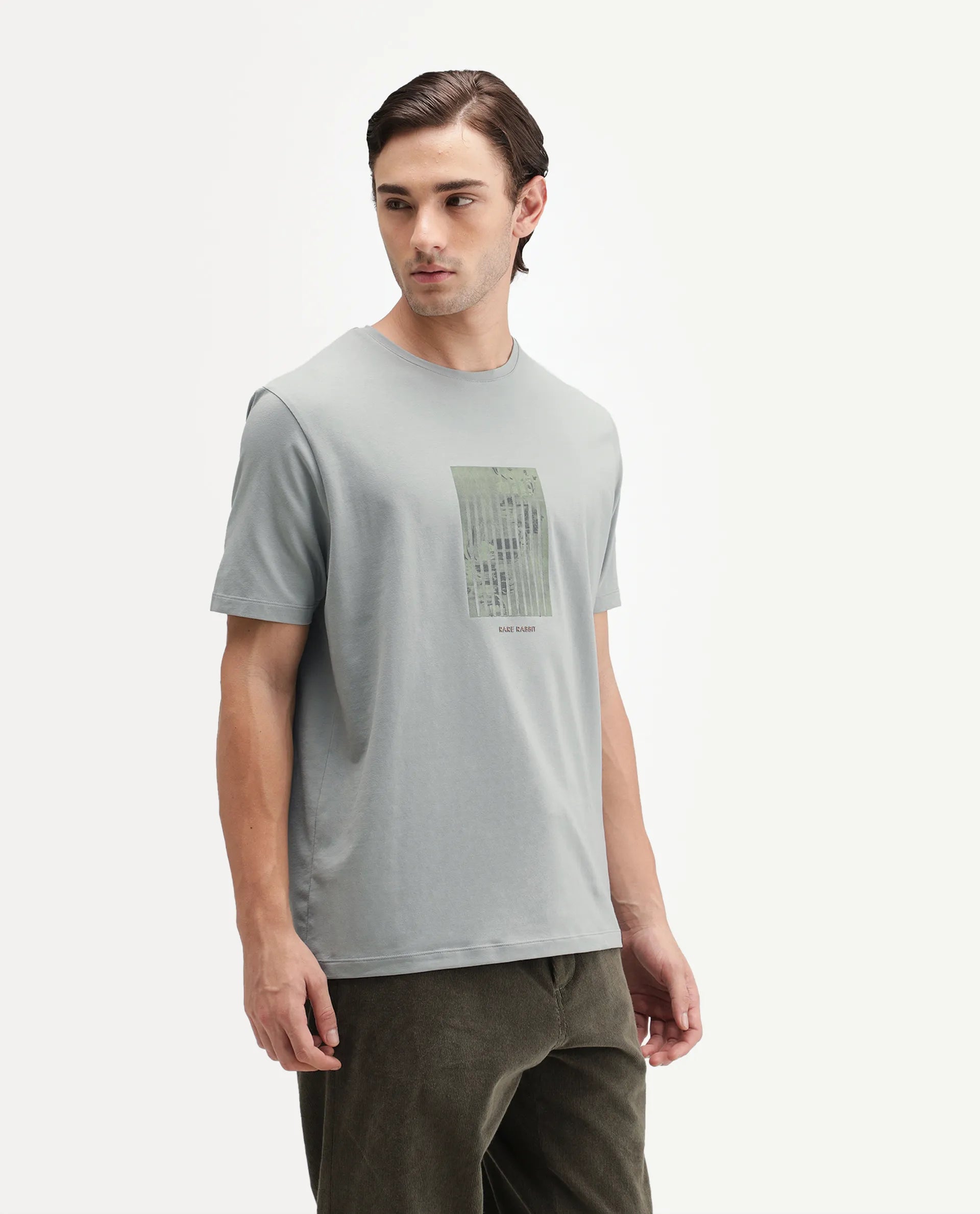 Rare Rabbit Men's Plod Dusky Green Cotton Blend Crew Neck Regular Graphic Print T-Shirt