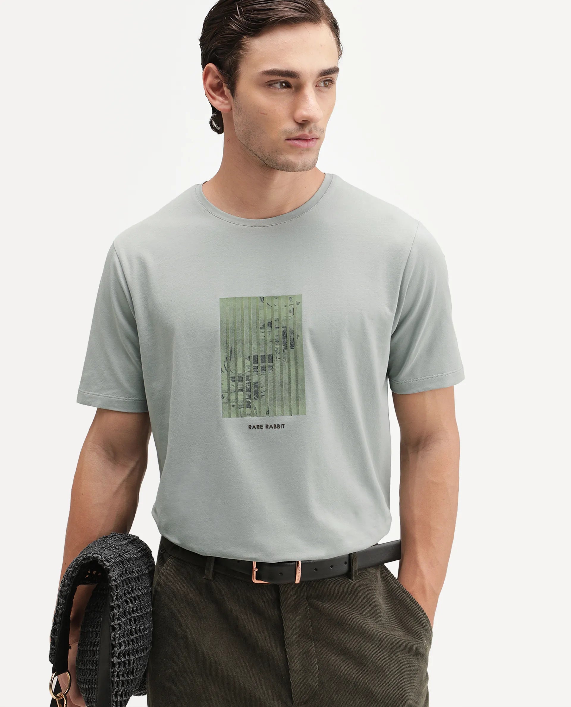 Rare Rabbit Men's Plod Dusky Green Cotton Blend Crew Neck Regular Graphic Print T-Shirt