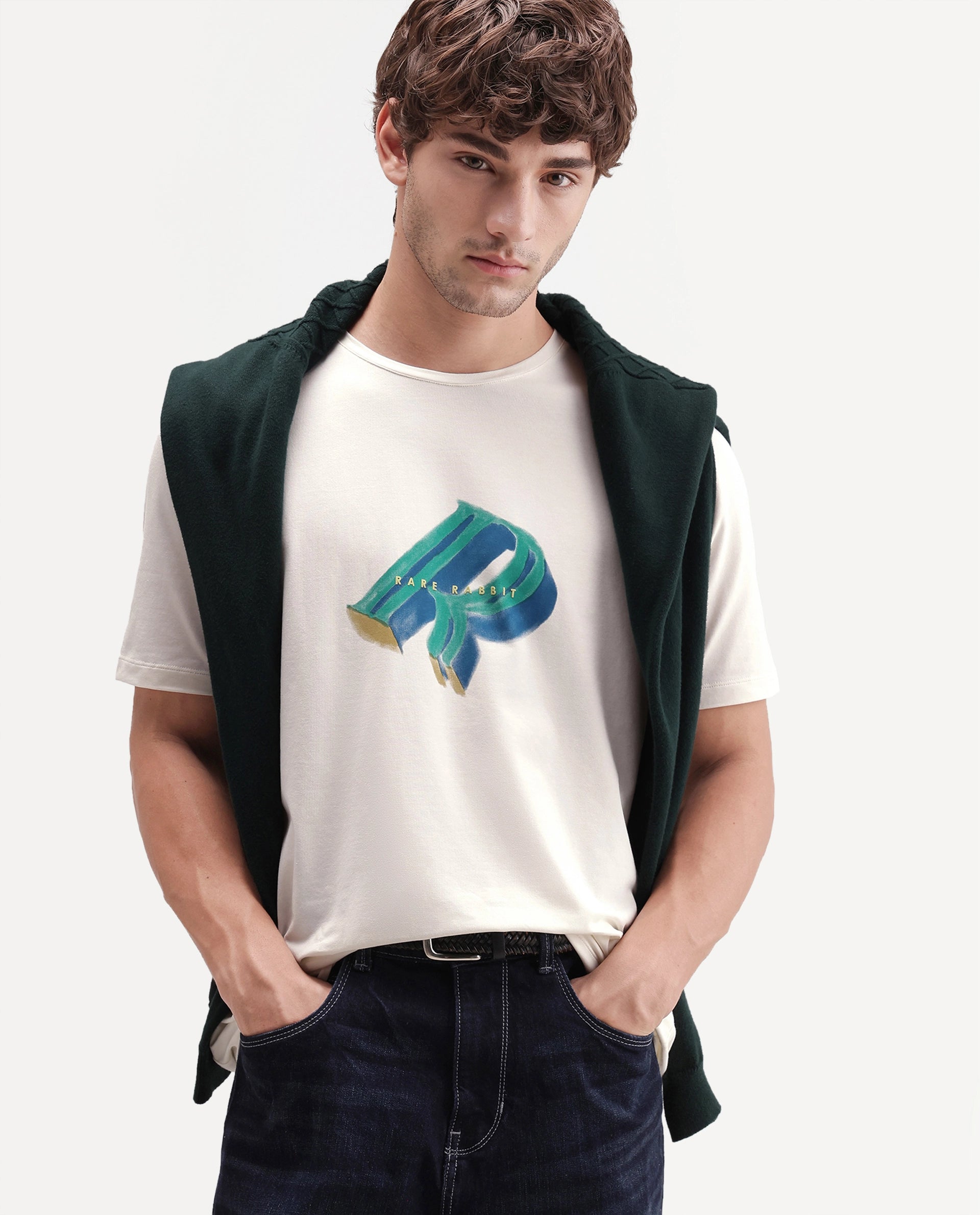 Rare Rabbit Men's Kim Off White Cotton Blend Crew Neck Regular Graphic Print T-Shirt