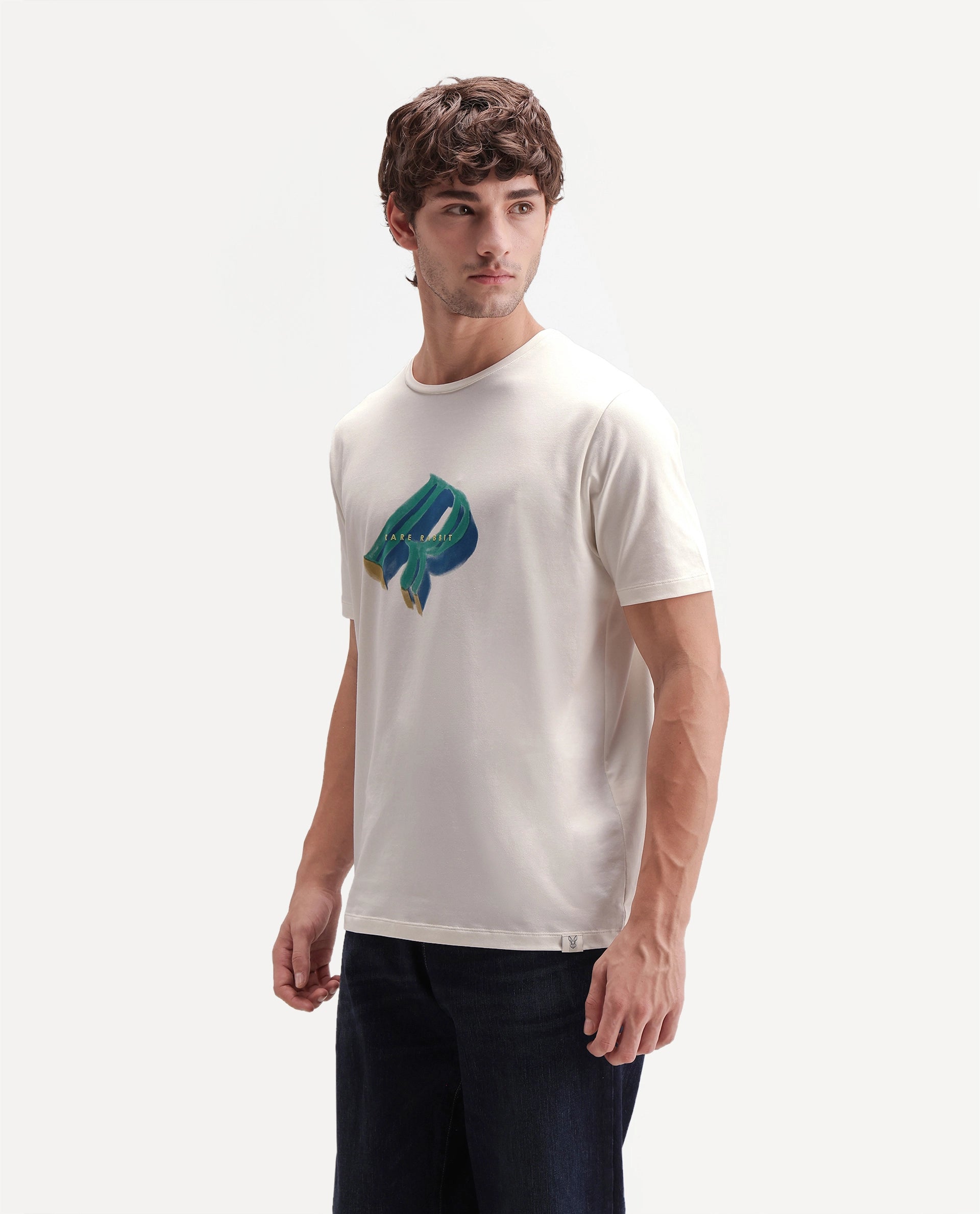 Rare Rabbit Men's Kim Off White Cotton Blend Crew Neck Regular Graphic Print T-Shirt