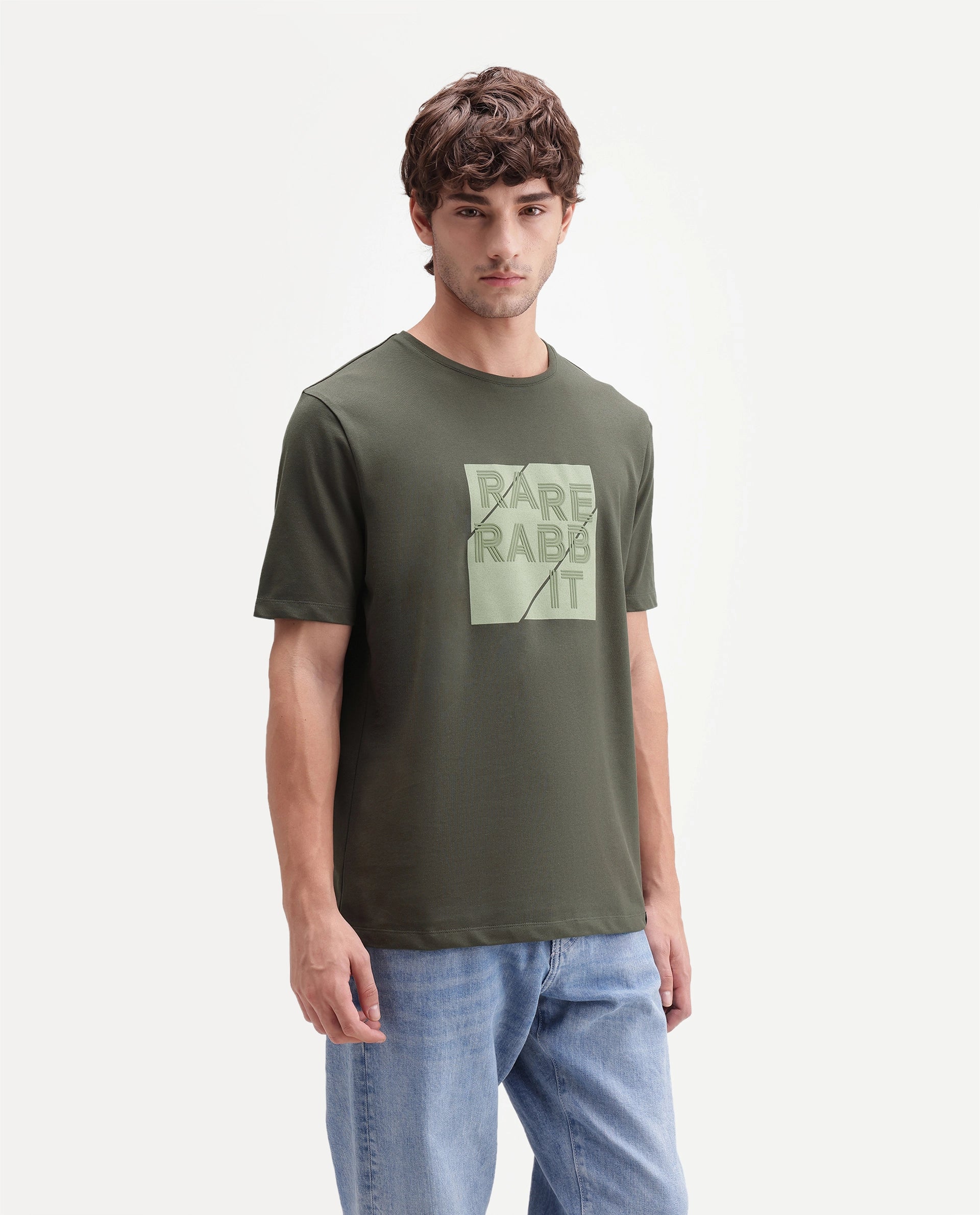 Rare Rabbit Men's Brett Olive Cotton Blend Crew Neck Regular Graphic Print T-Shirt
