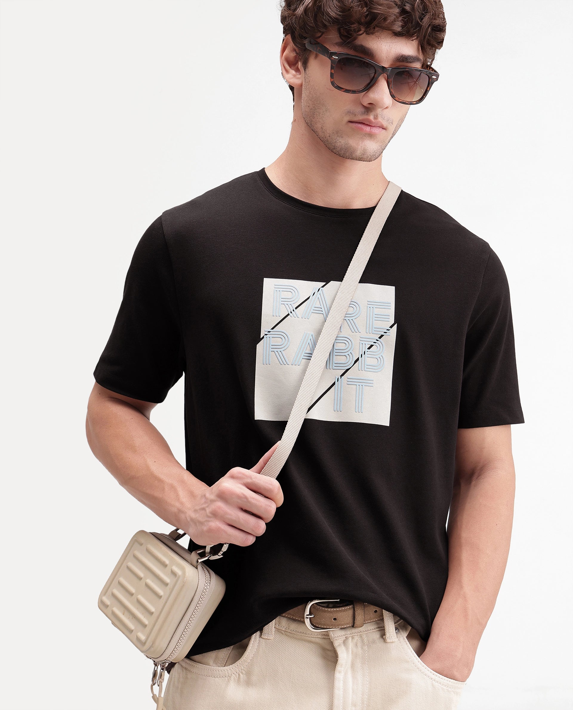 Rare Rabbit Men's Brett Dark Brown Cotton Blend Crew Neck Regular Graphic Print T-Shirt