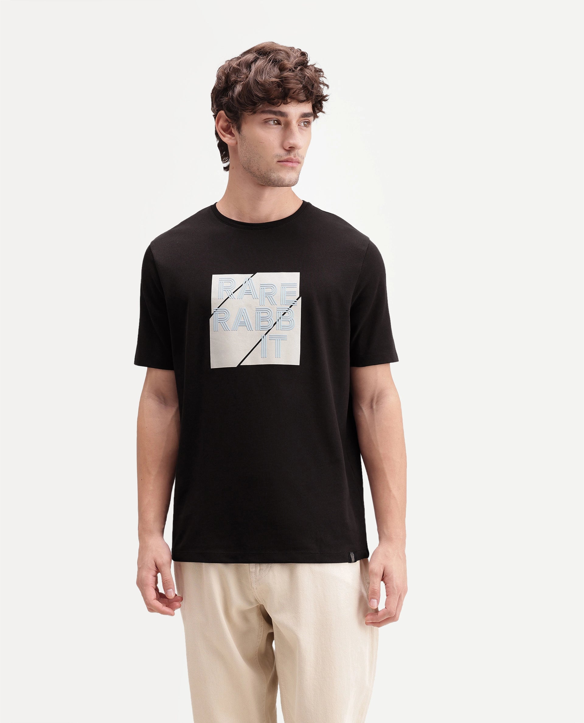 Rare Rabbit Men's Brett Dark Brown Cotton Blend Crew Neck Regular Graphic Print T-Shirt