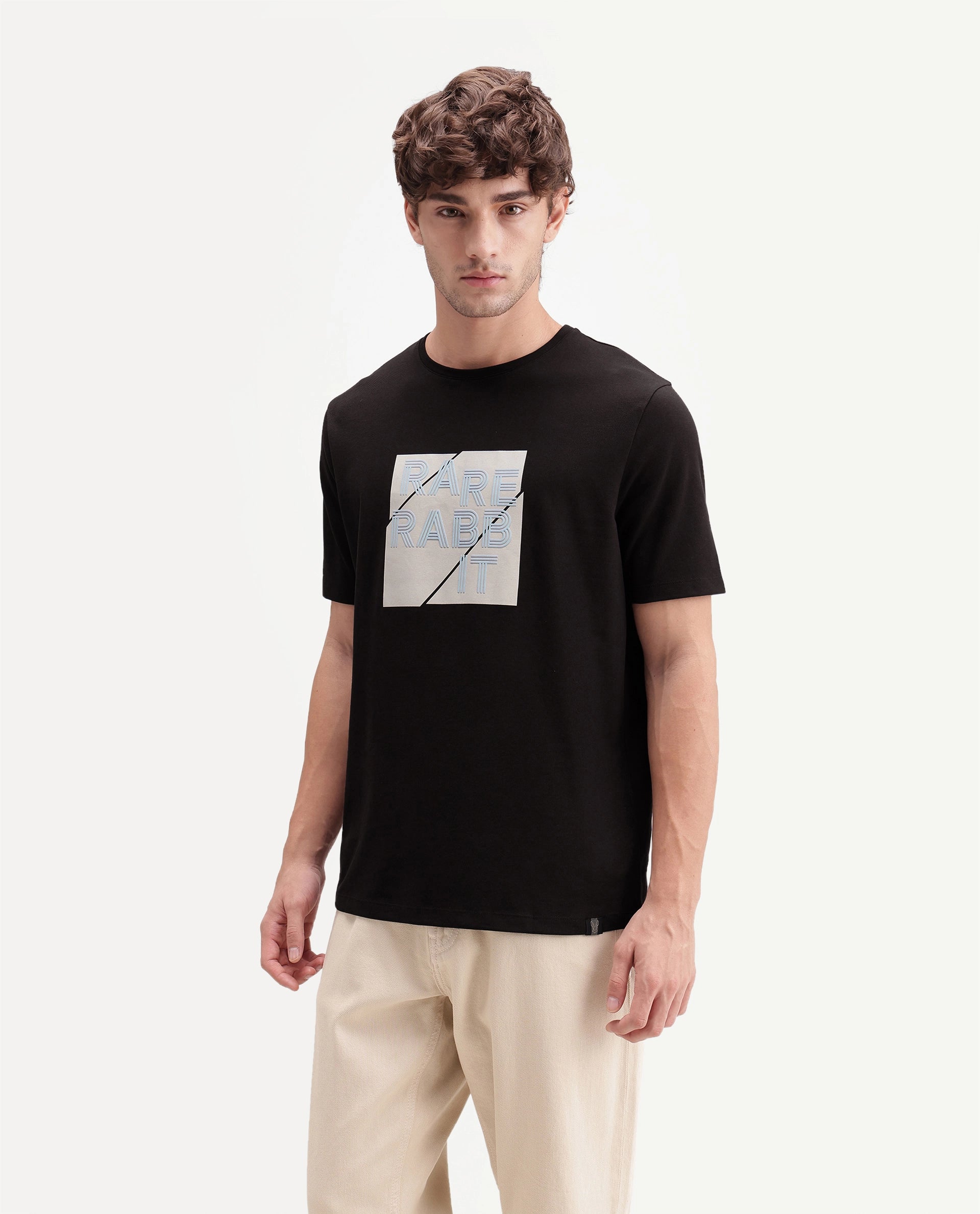 Rare Rabbit Men's Brett Dark Brown Cotton Blend Crew Neck Regular Graphic Print T-Shirt