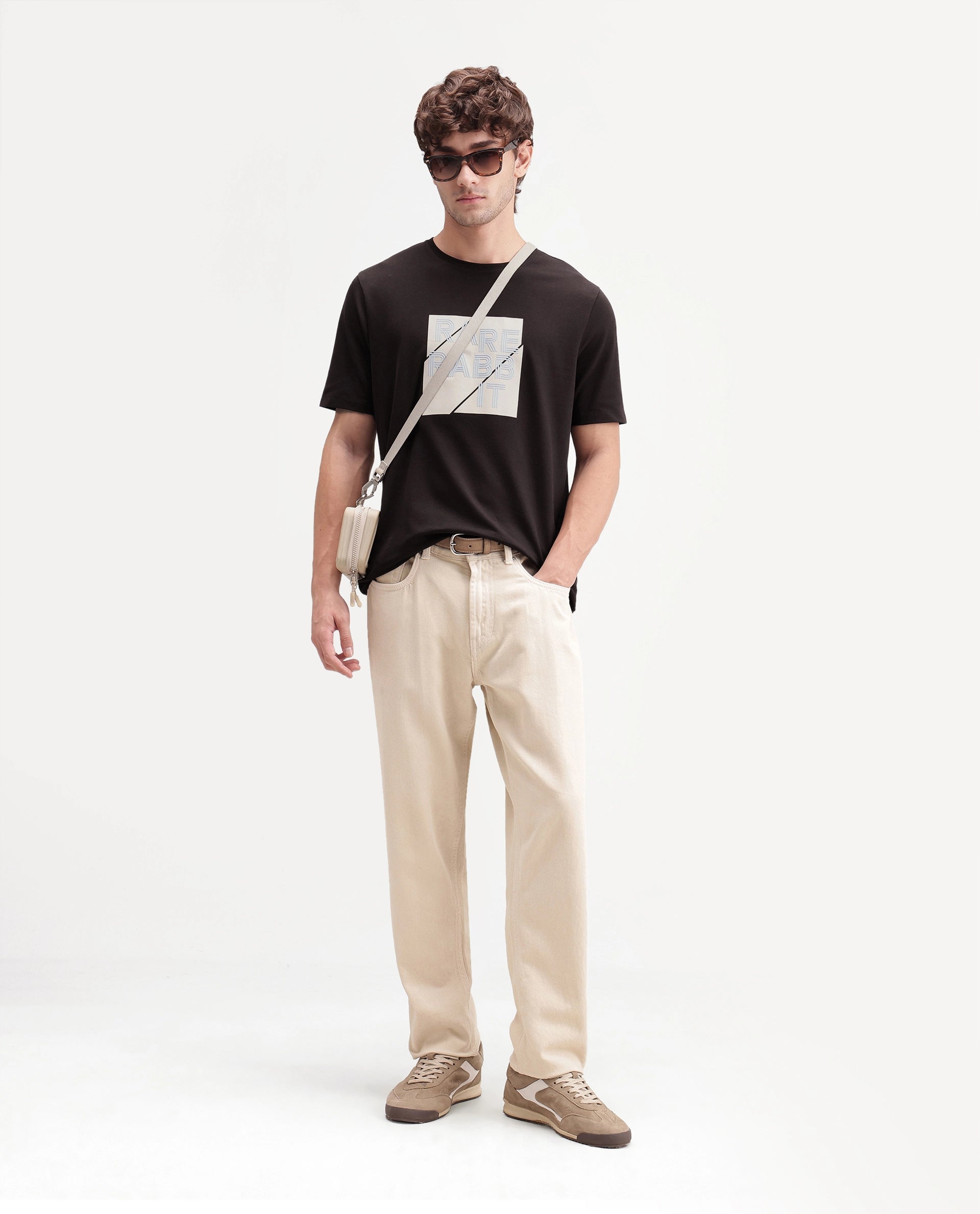 Rare Rabbit Men's Brett Dark Brown Cotton Blend Crew Neck Regular Graphic Print T-Shirt