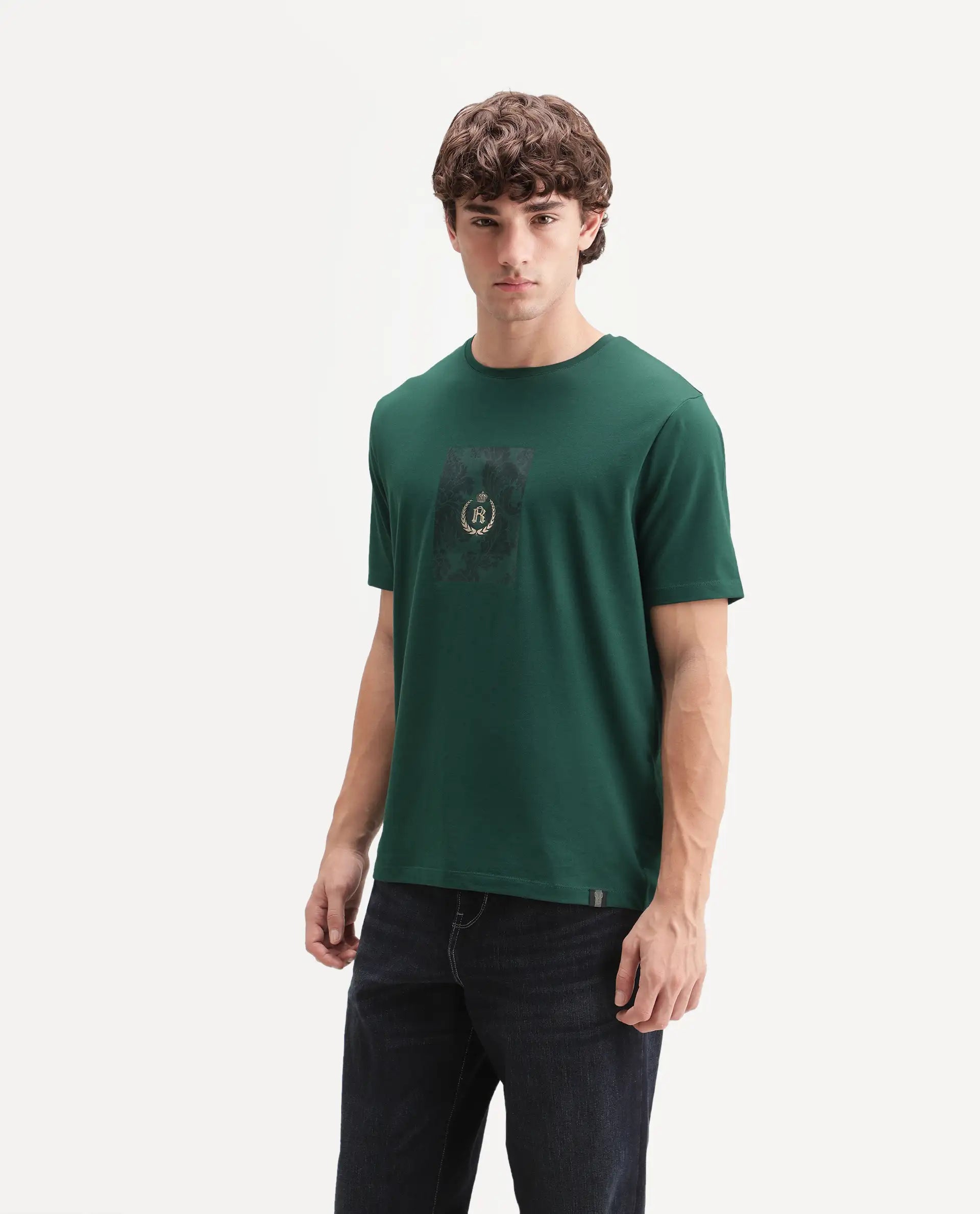 Rare Rabbit Men's Woakes Green Cotton Blend Crew Neck Regular Graphic Print T-Shirt