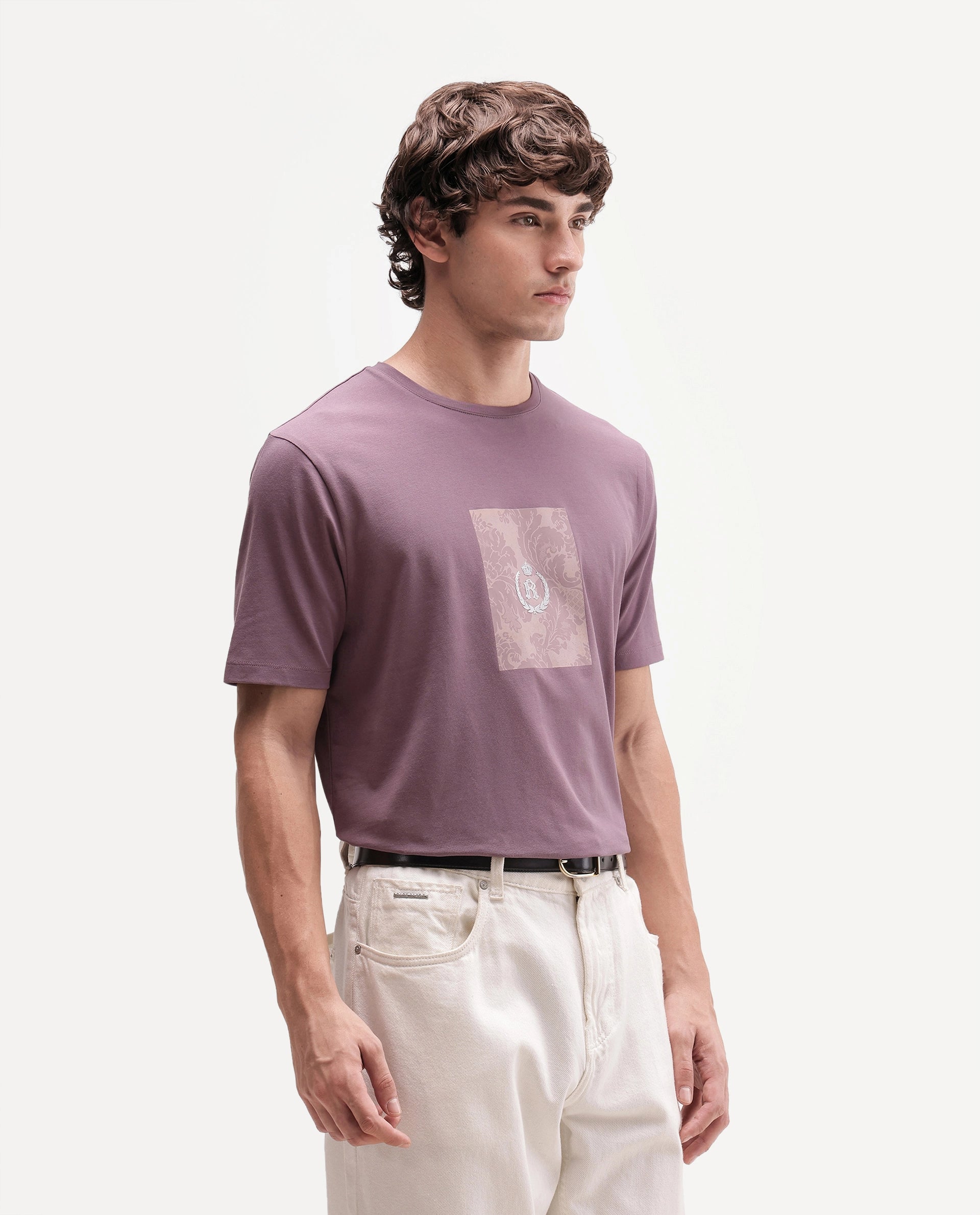 Rare Rabbit Men's Woakes Dusky Purple Cotton Blend Crew Neck Regular Graphic Print T-Shirt