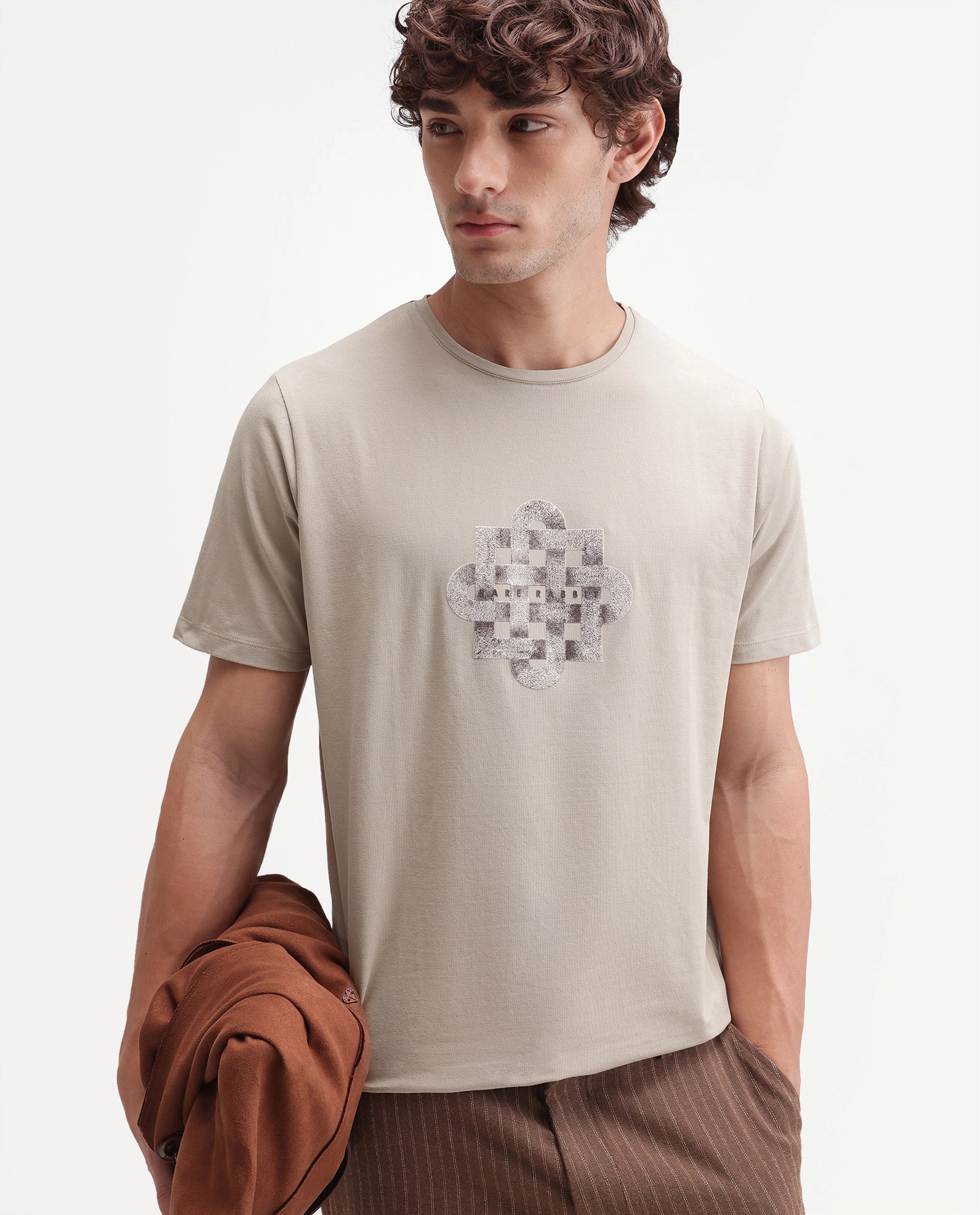 Rare Rabbit Men's Ziv Primary Beige Cotton Blend Crew Neck Regular Graphic Print T-Shirt