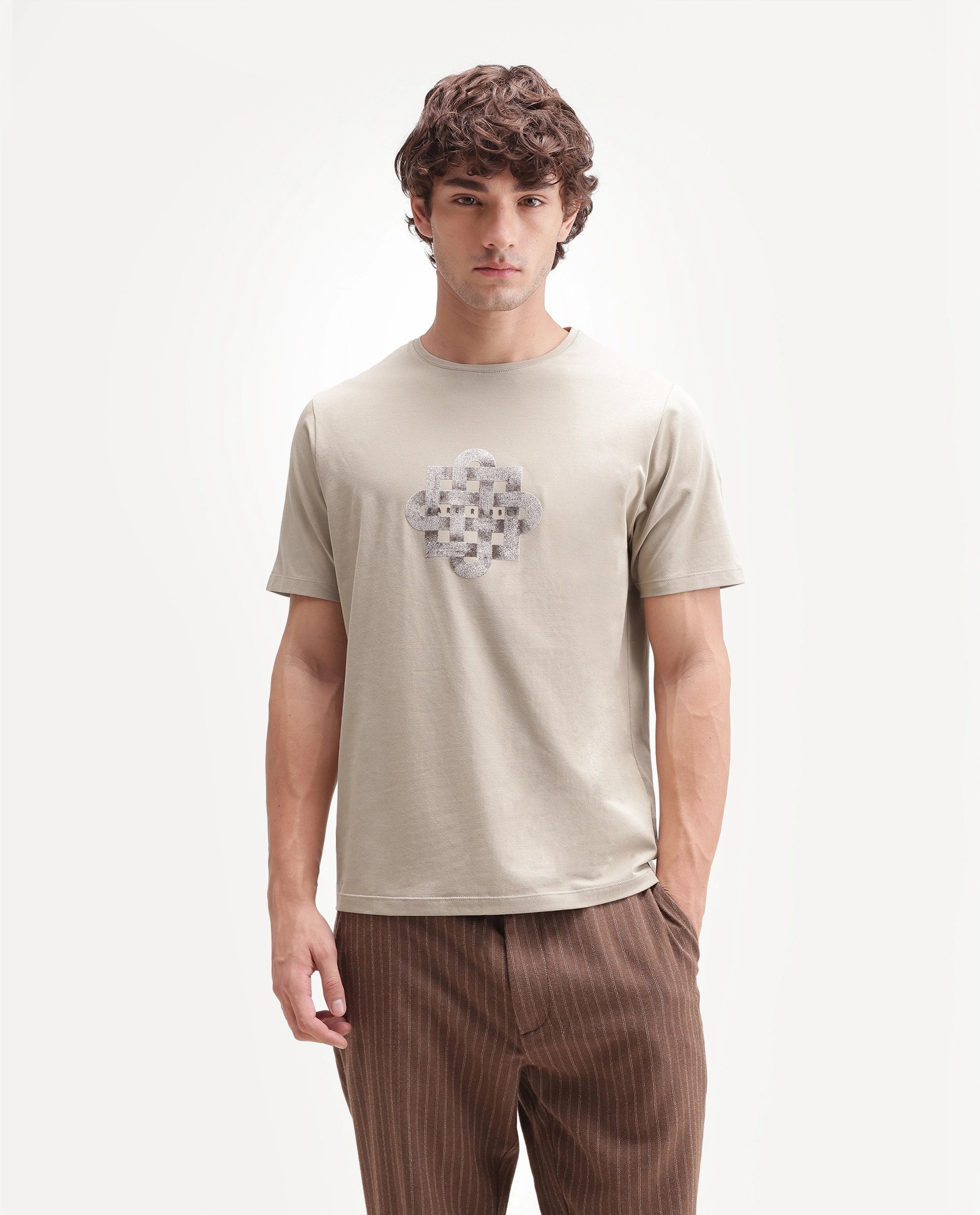 Rare Rabbit Men's Ziv Primary Beige Cotton Blend Crew Neck Regular Graphic Print T-Shirt
