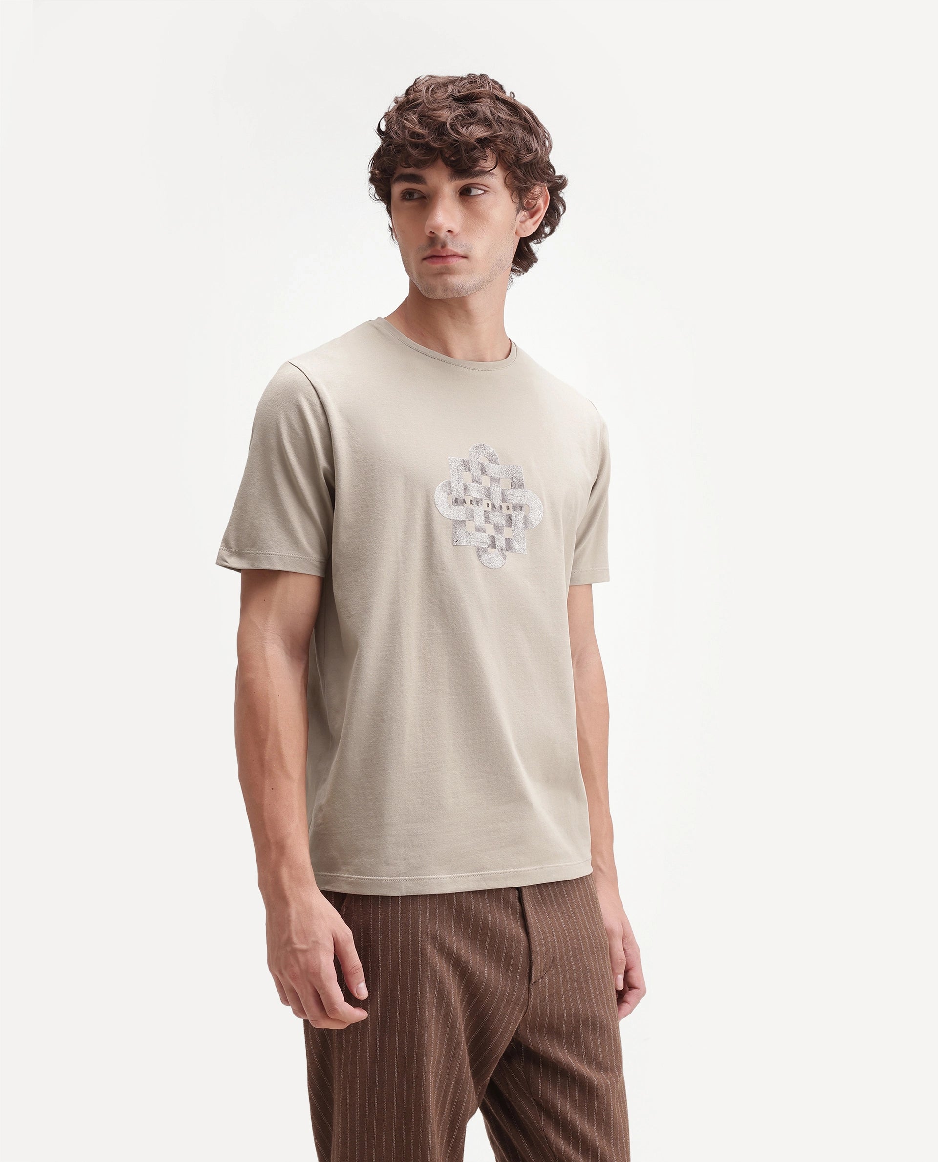 Rare Rabbit Men's Ziv Primary Beige Cotton Blend Crew Neck Regular Graphic Print T-Shirt