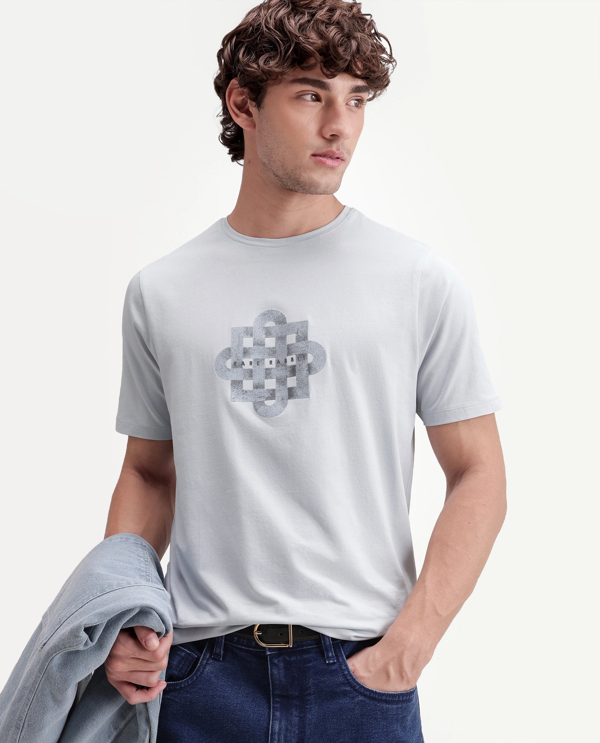 Rare Rabbit Men's Ziv Light Blue Cotton Blend Crew Neck Regular Graphic Print T-Shirt