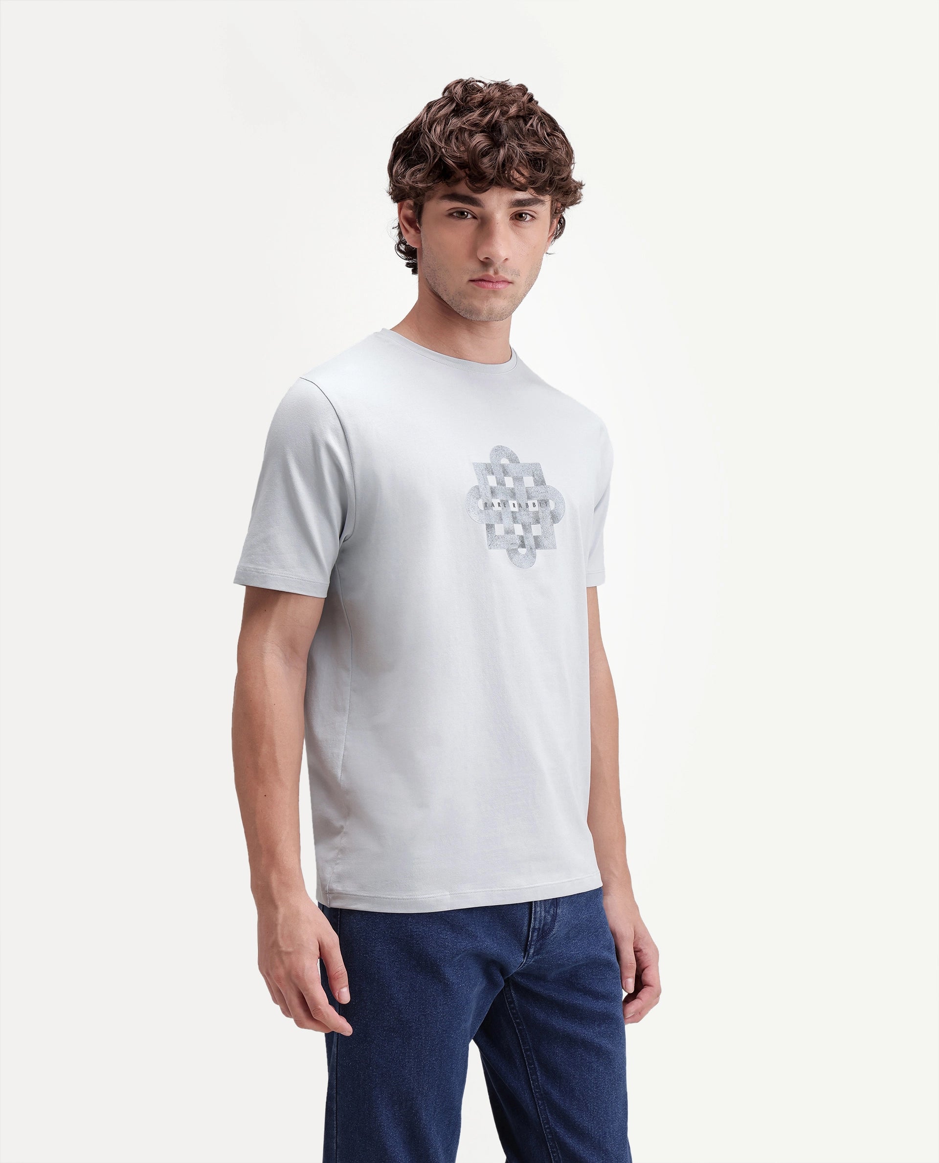 Rare Rabbit Men's Ziv Light Blue Cotton Blend Crew Neck Regular Graphic Print T-Shirt
