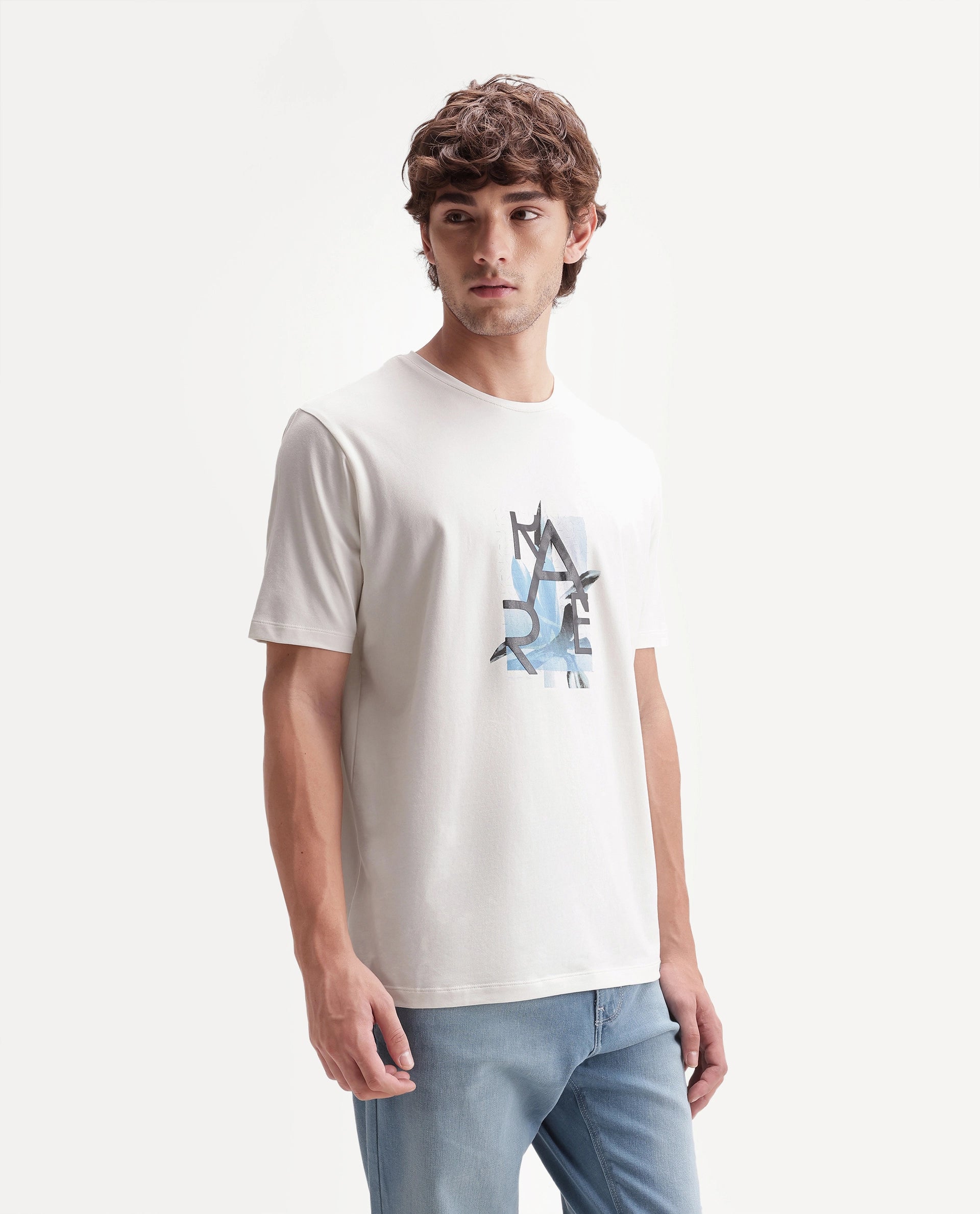 Rare Rabbit Men's Leister White Cotton Blend Crew Neck Regular Floral Graphic Print T-Shirt