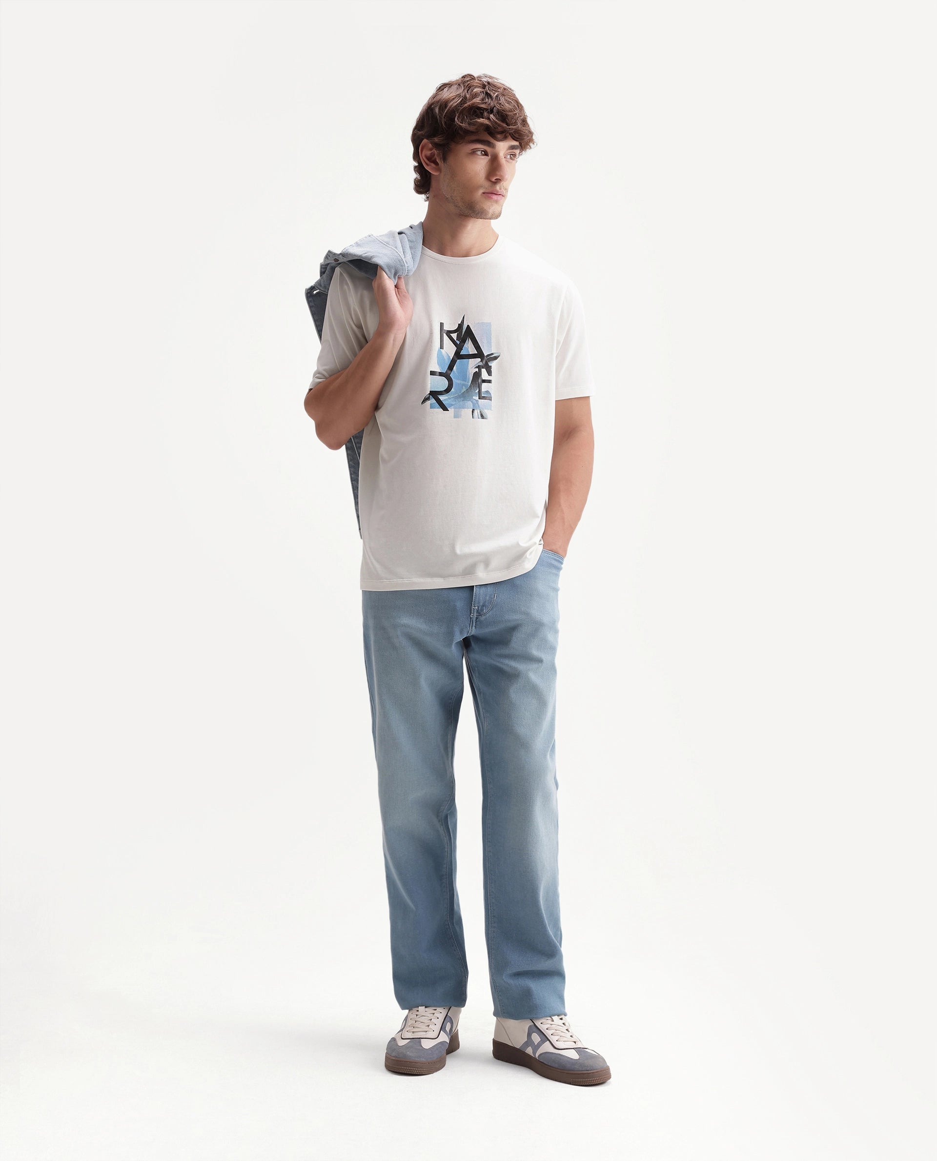 Rare Rabbit Men's Leister White Cotton Blend Crew Neck Regular Floral Graphic Print T-Shirt