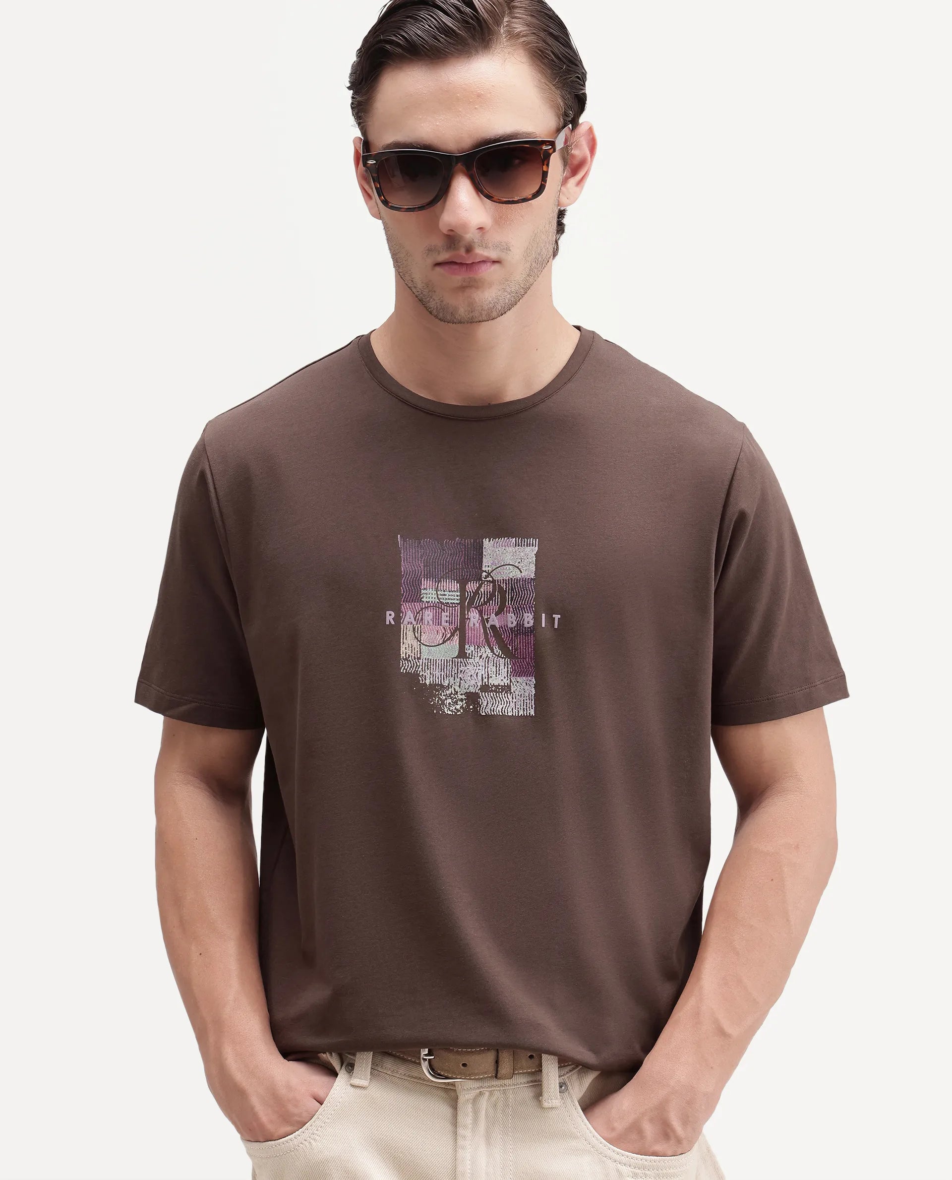 Rare Rabbit Men's Fore-A26 Dusky Brown Cotton Blend Crew Neck Regular Graphic Print T-Shirt