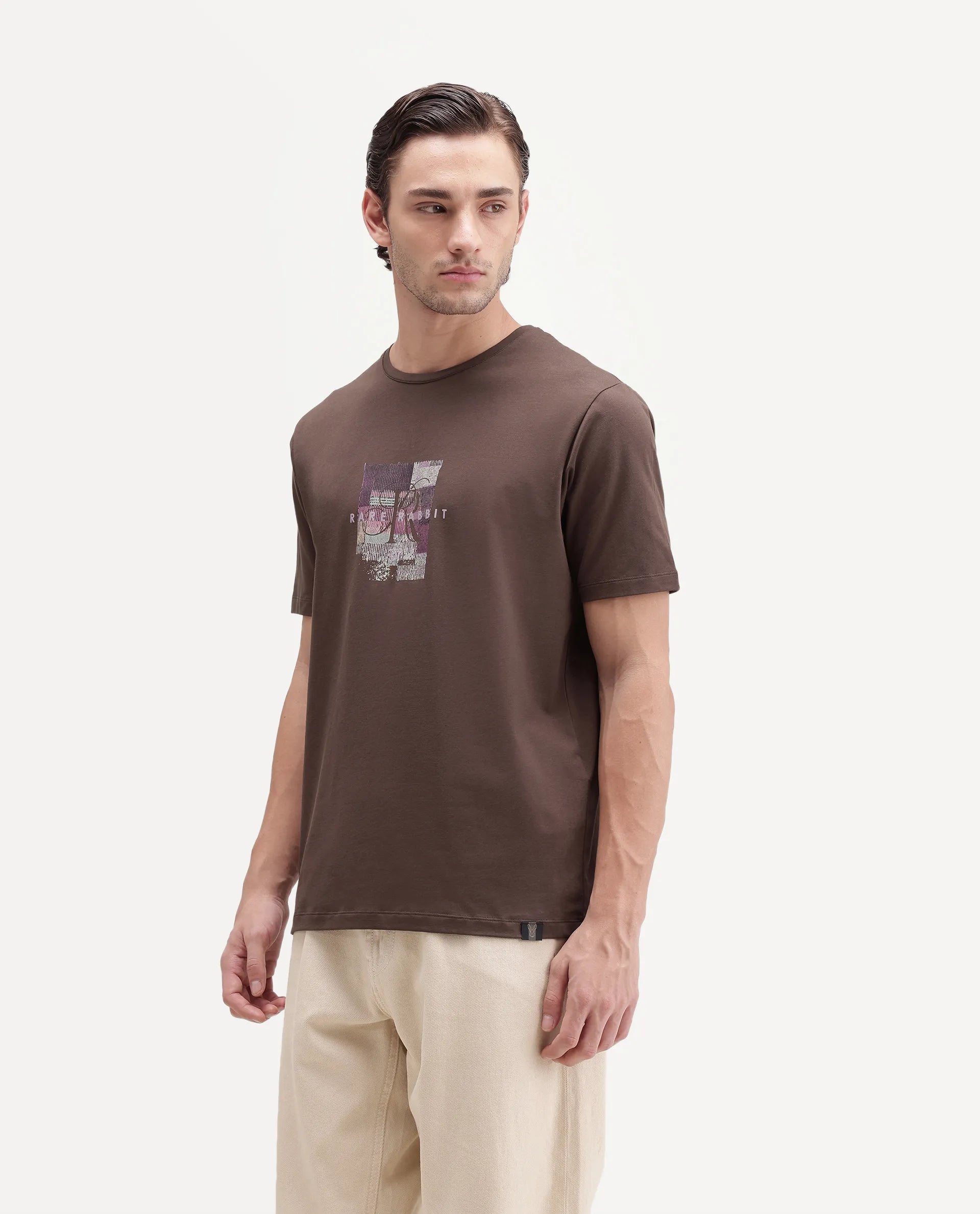 Rare Rabbit Men's Fore-A26 Dusky Brown Cotton Blend Crew Neck Regular Graphic Print T-Shirt