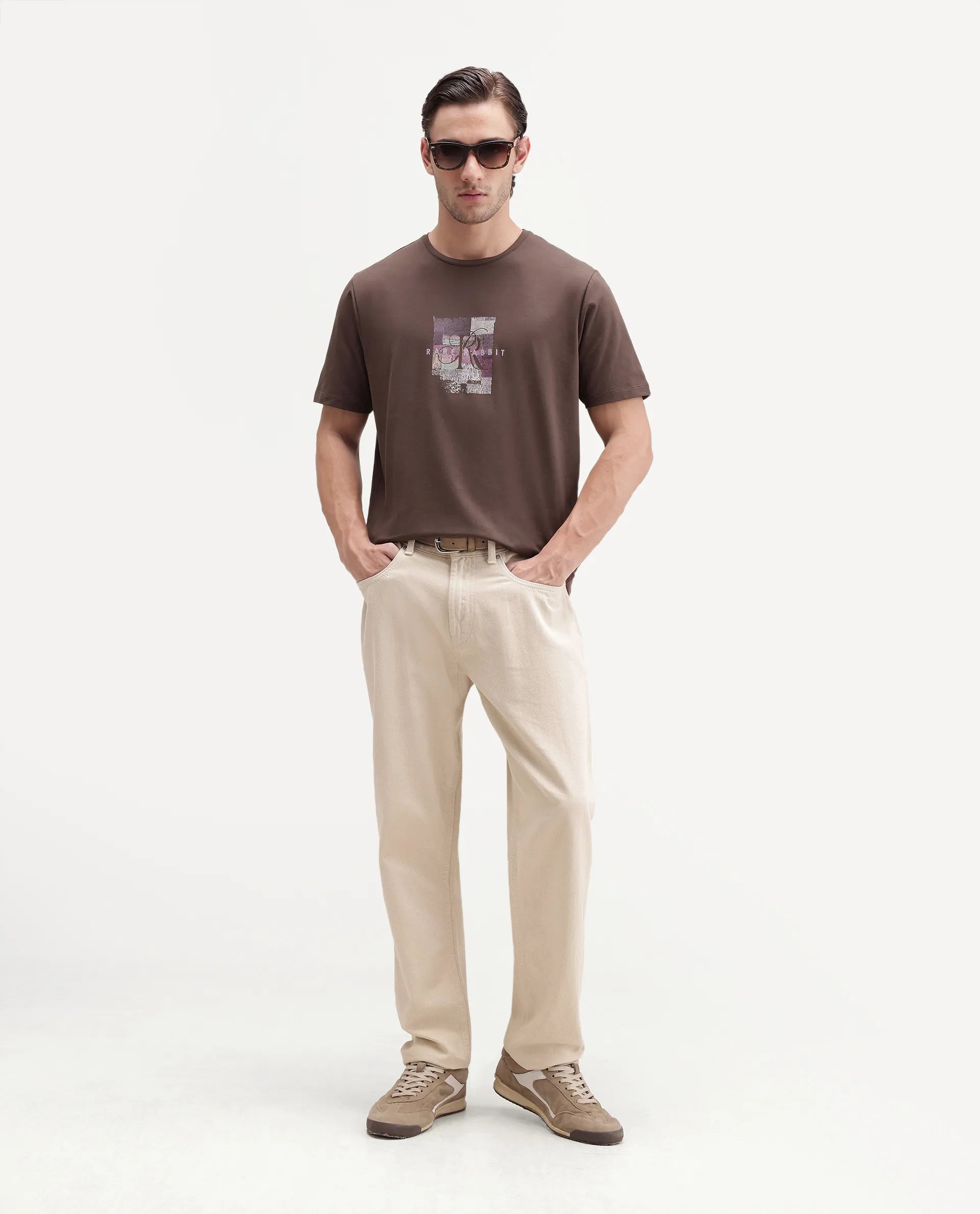 Rare Rabbit Men's Fore-A26 Dusky Brown Cotton Blend Crew Neck Regular Graphic Print T-Shirt