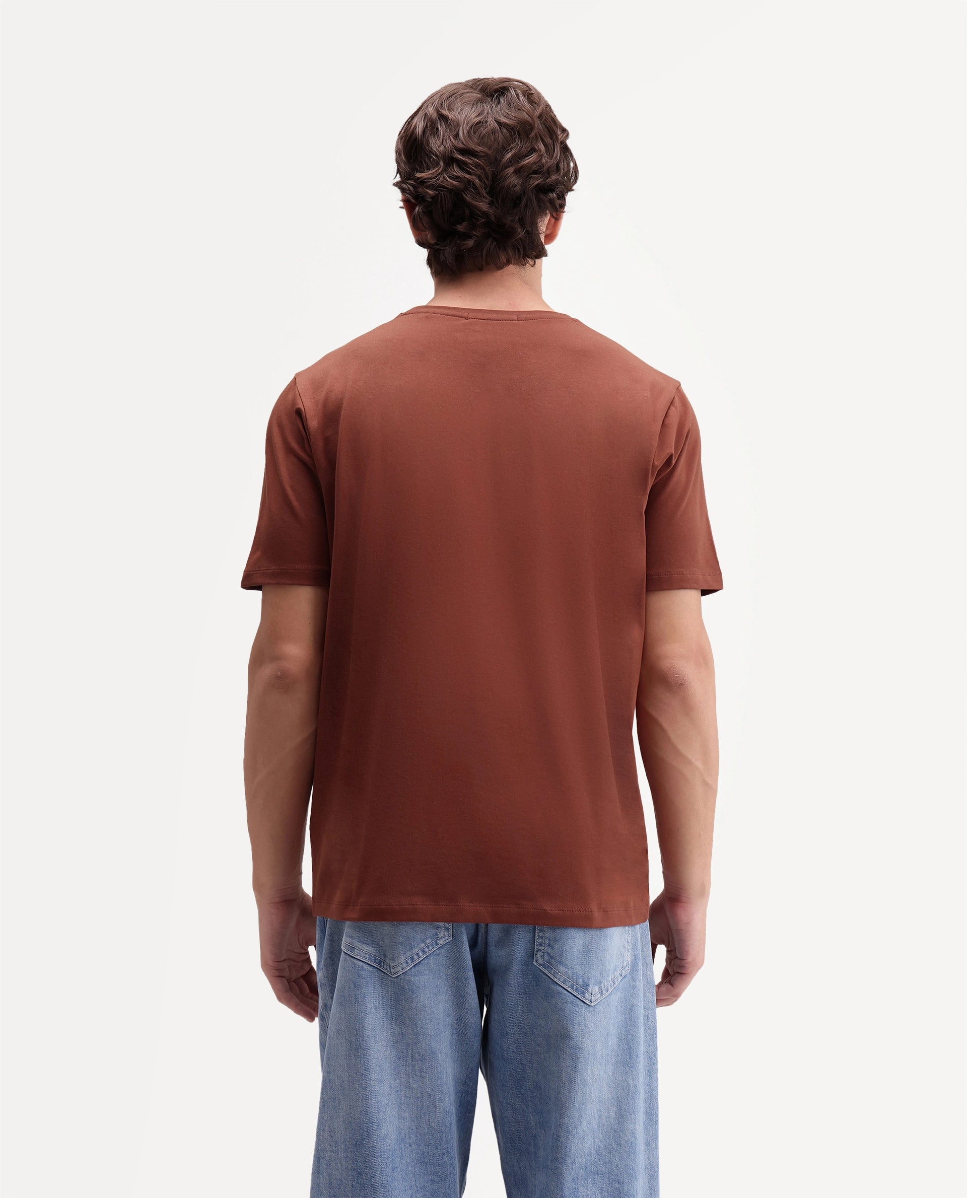 Rare Rabbit Men's Bryn Primary Rust Cotton Blend Crew Neck Regular Graphic Print T-Shirt