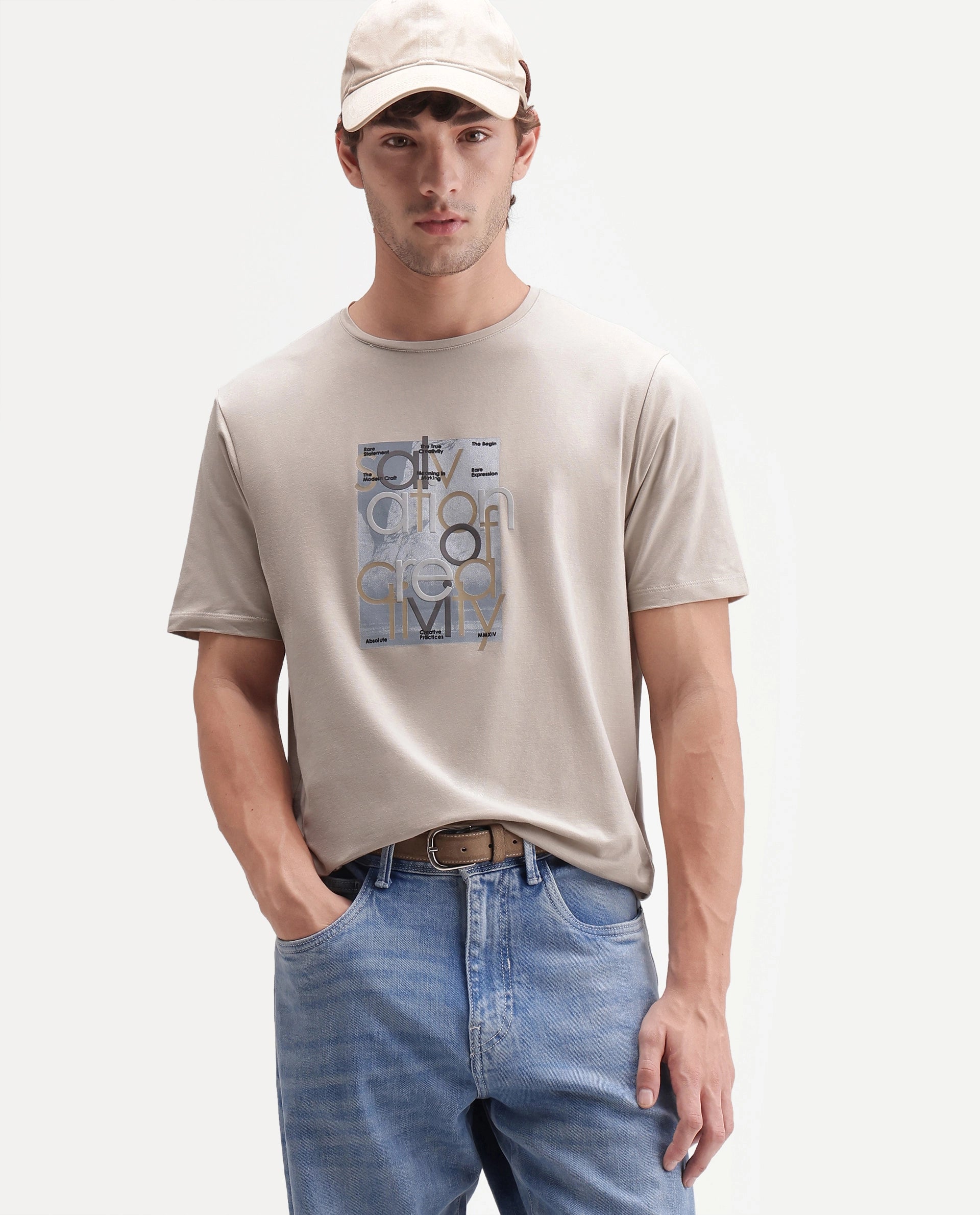 Rare Rabbit Men's Bryn Light Beige Cotton Blend Crew Neck Regular Graphic Print T-Shirt