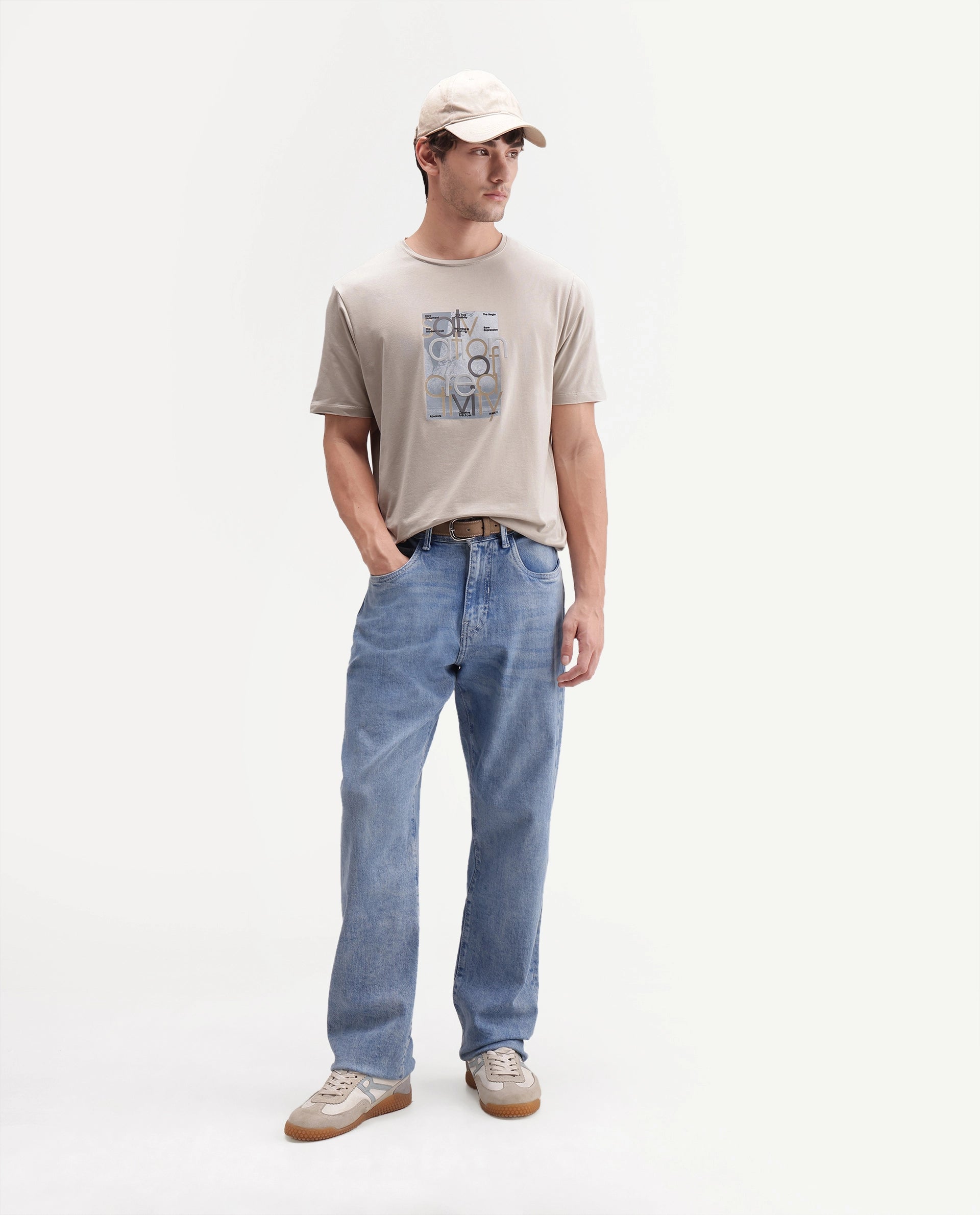 Rare Rabbit Men's Bryn Light Beige Cotton Blend Crew Neck Regular Graphic Print T-Shirt