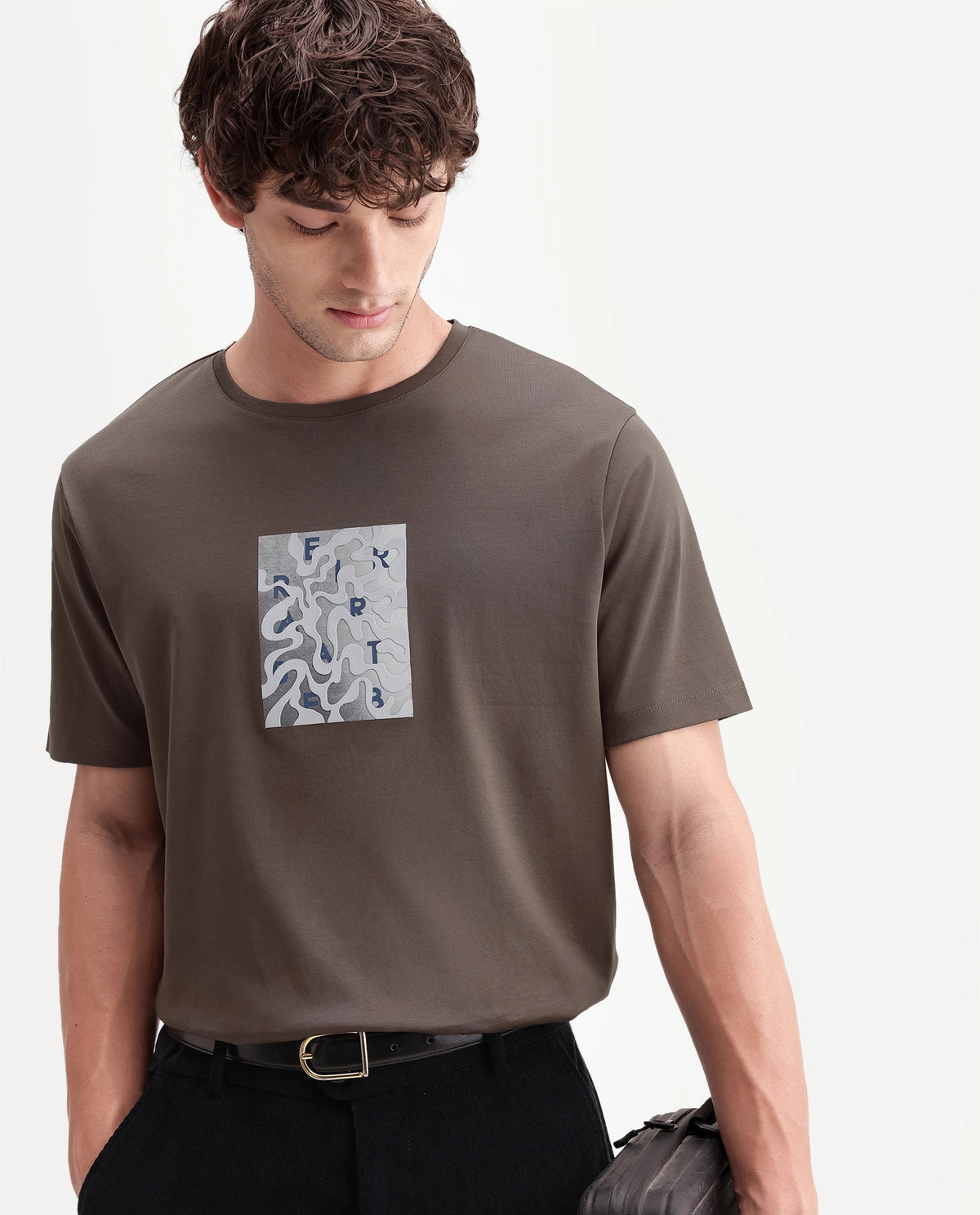 Rare Rabbit Men's Soho Dusky Brown Cotton Crew Neck Regular Graphic Print T-Shirt
