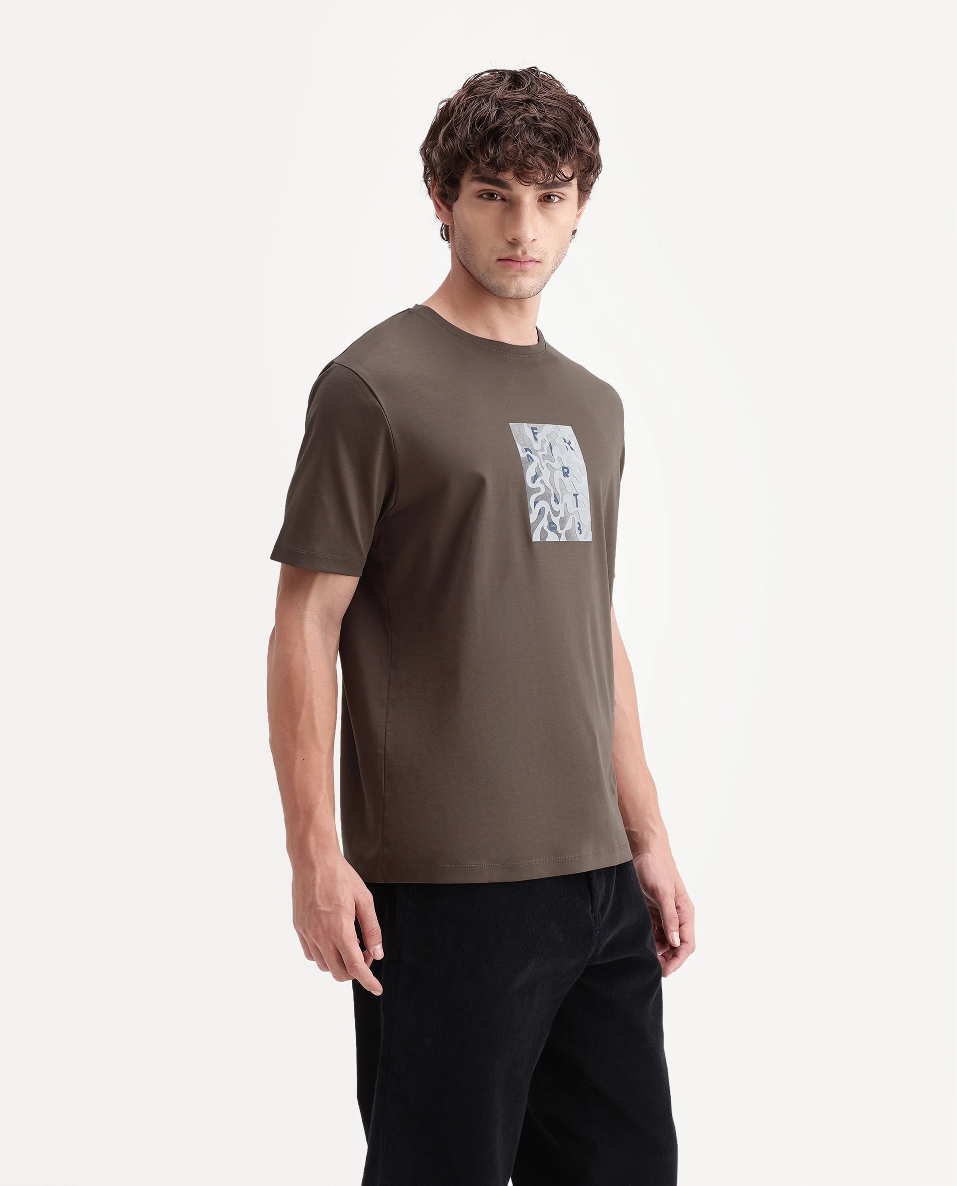 Rare Rabbit Men's Soho Dusky Brown Cotton Crew Neck Regular Graphic Print T-Shirt