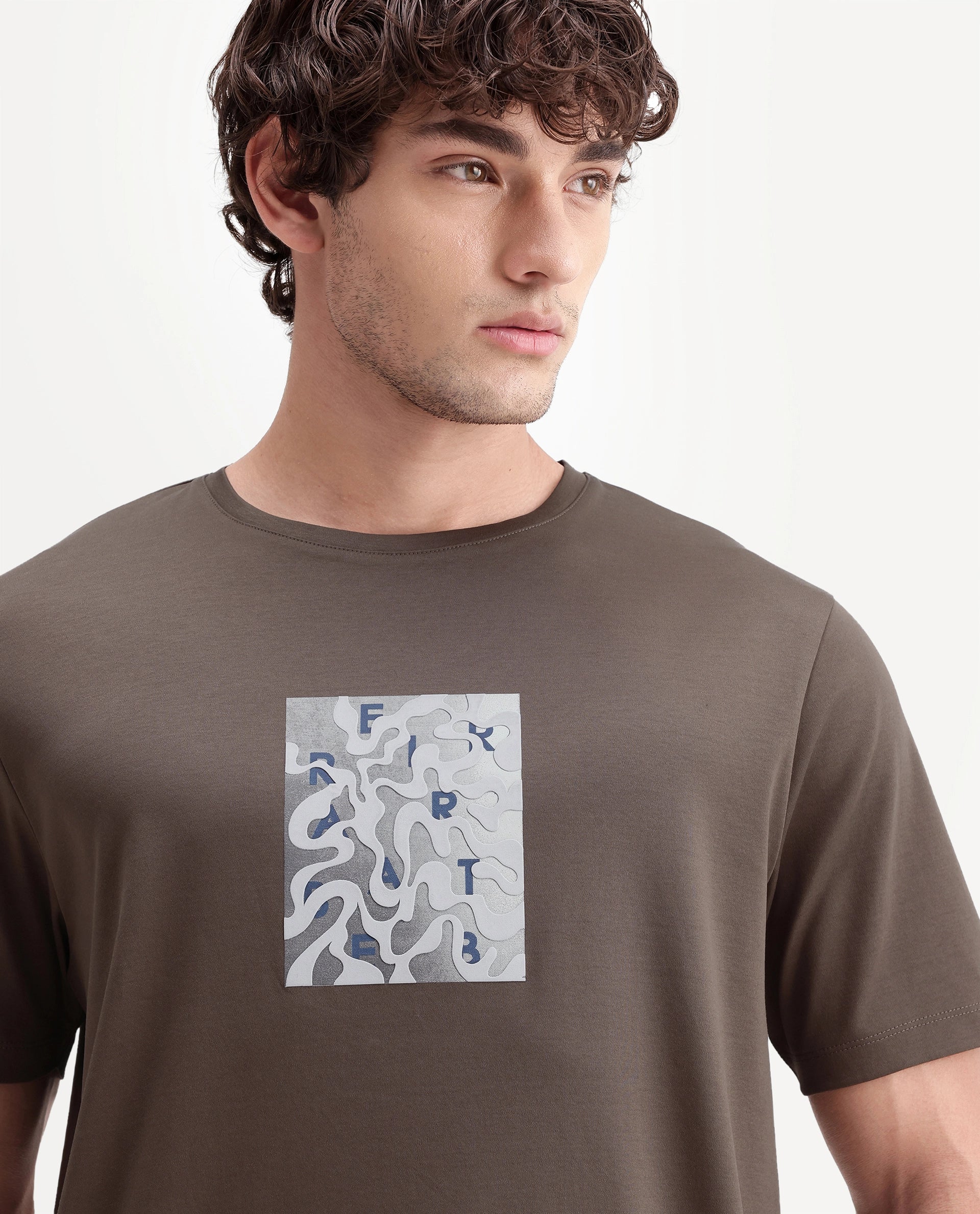 Rare Rabbit Men's Soho Dusky Brown Cotton Crew Neck Regular Graphic Print T-Shirt