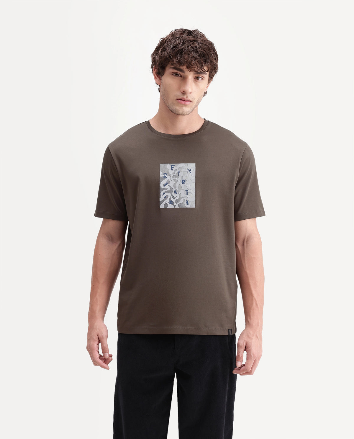 Rare Rabbit Men's Soho Dusky Brown Cotton Crew Neck Regular Graphic Print T-Shirt