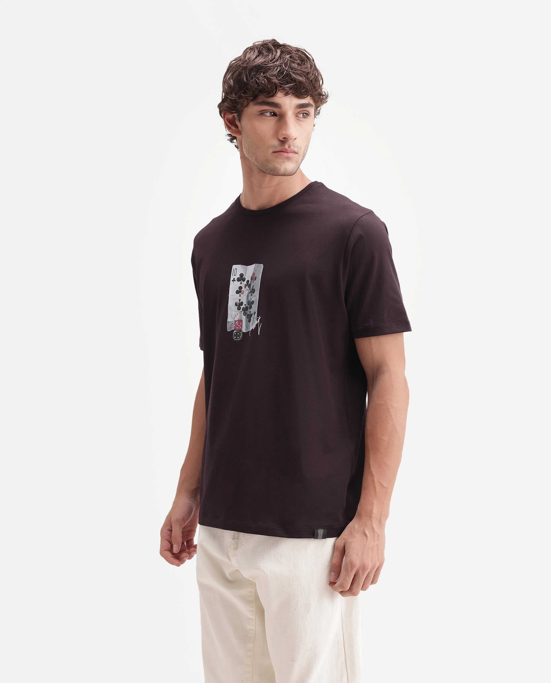Rare Rabbit Men's Barkley Dark Maroon Cotton Blend Crew Neck Regular Graphic Print T-Shirt