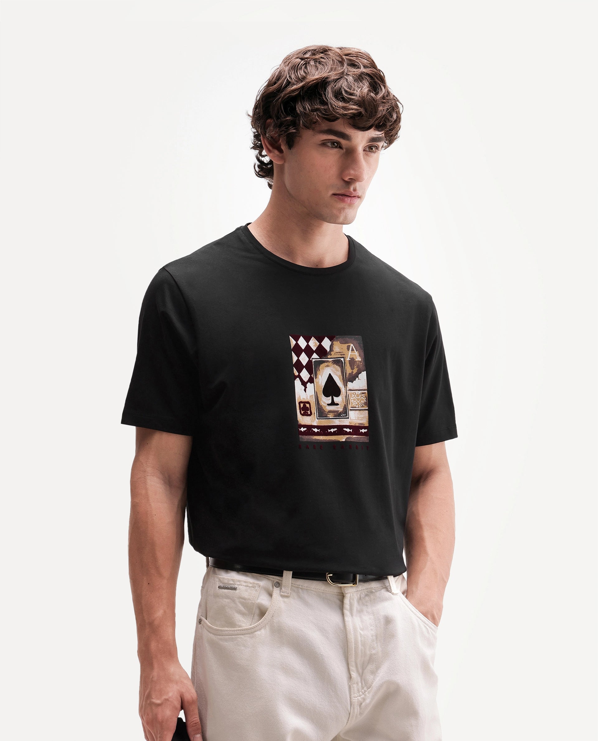 Rare Rabbit Men's Ollie Black Cotton Blend Crew Neck Regular Graphic Print T-Shirt
