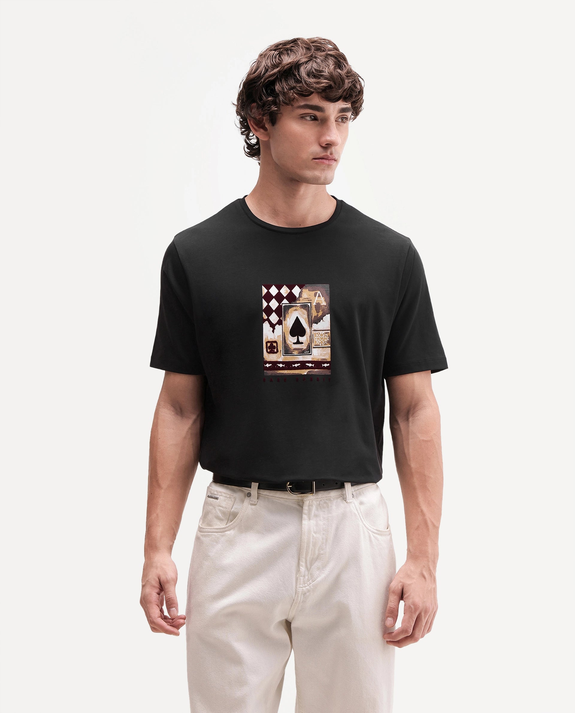 Rare Rabbit Men's Ollie Black Cotton Blend Crew Neck Regular Graphic Print T-Shirt