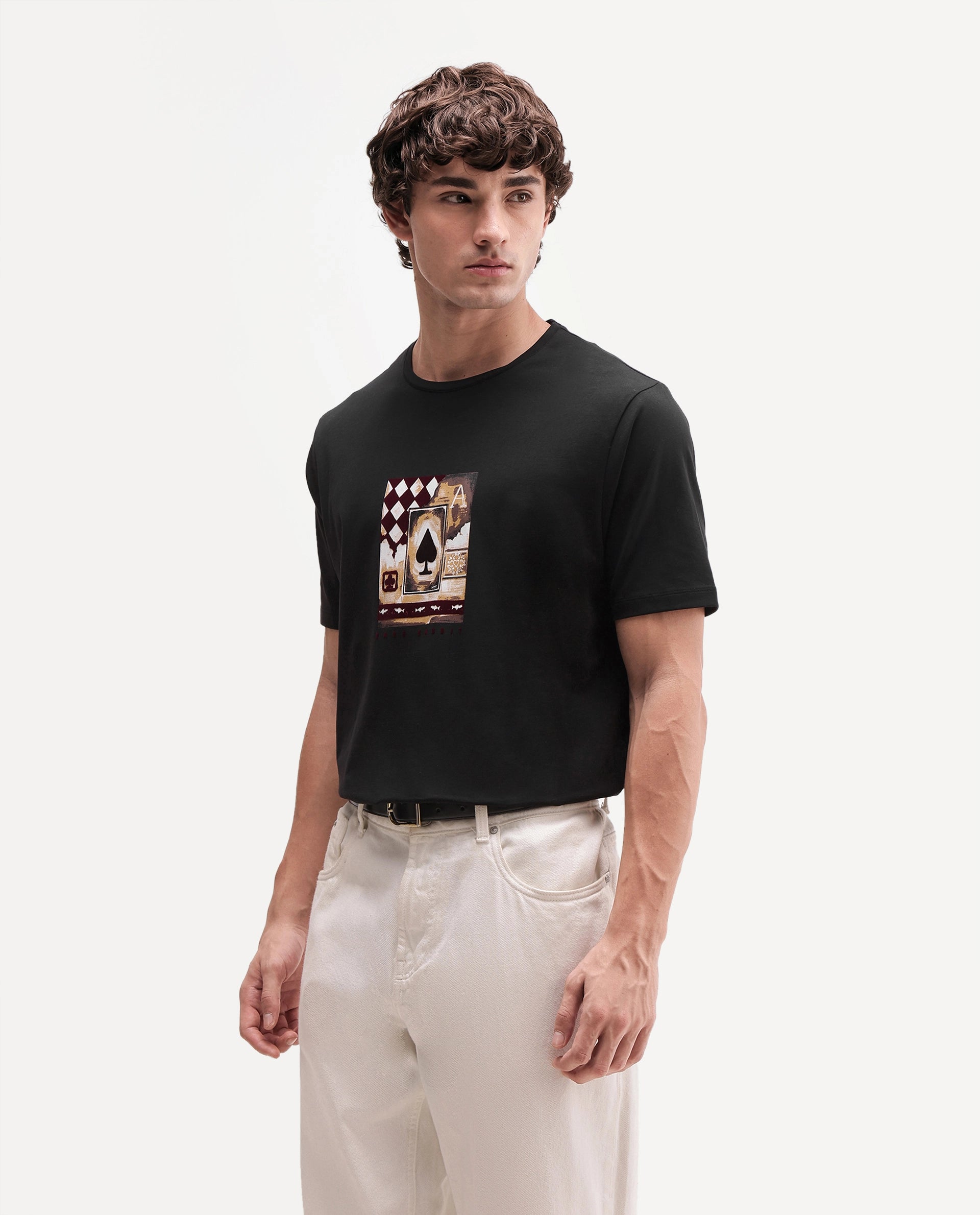 Rare Rabbit Men's Ollie Black Cotton Blend Crew Neck Regular Graphic Print T-Shirt