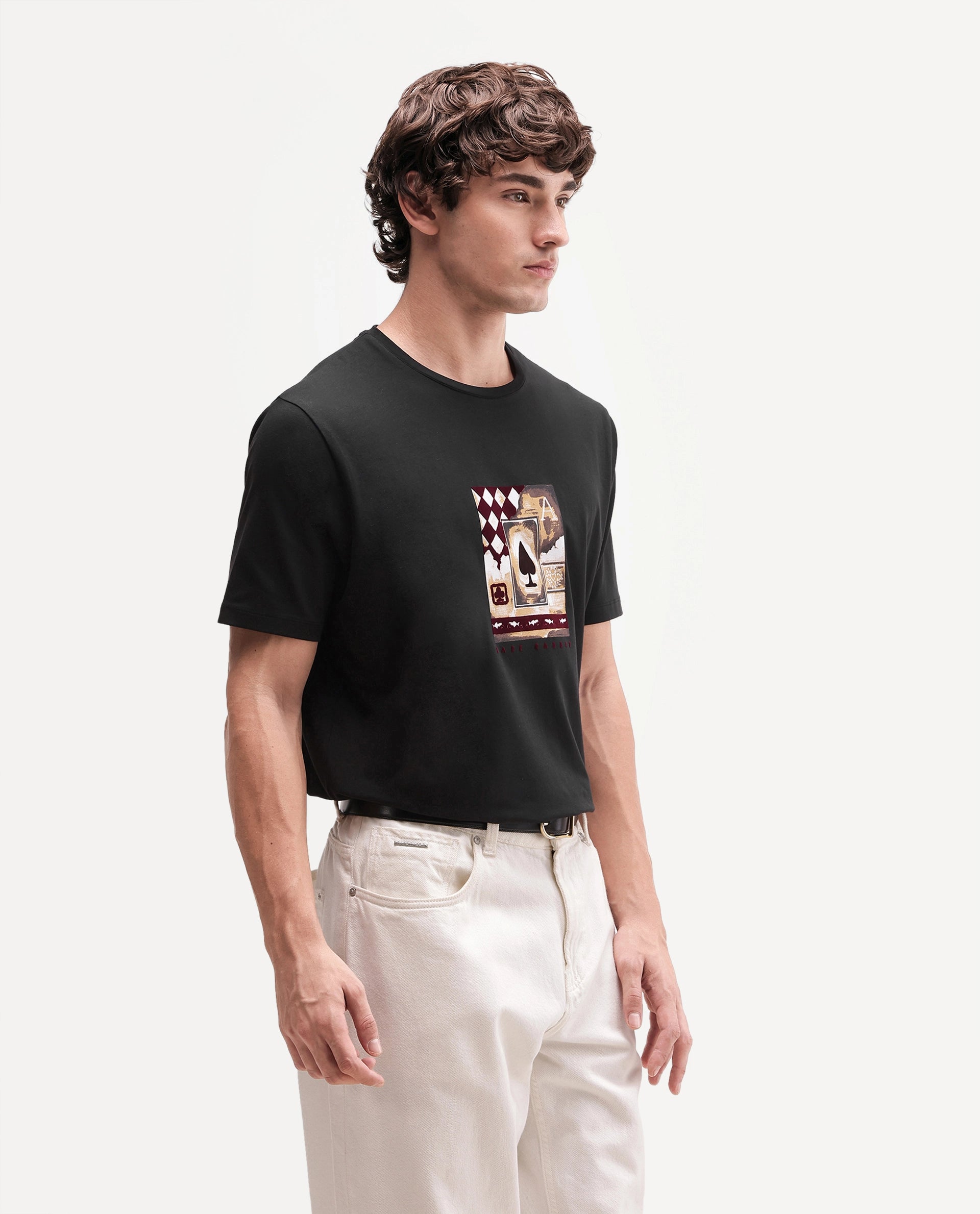 Rare Rabbit Men's Ollie Black Cotton Blend Crew Neck Regular Graphic Print T-Shirt