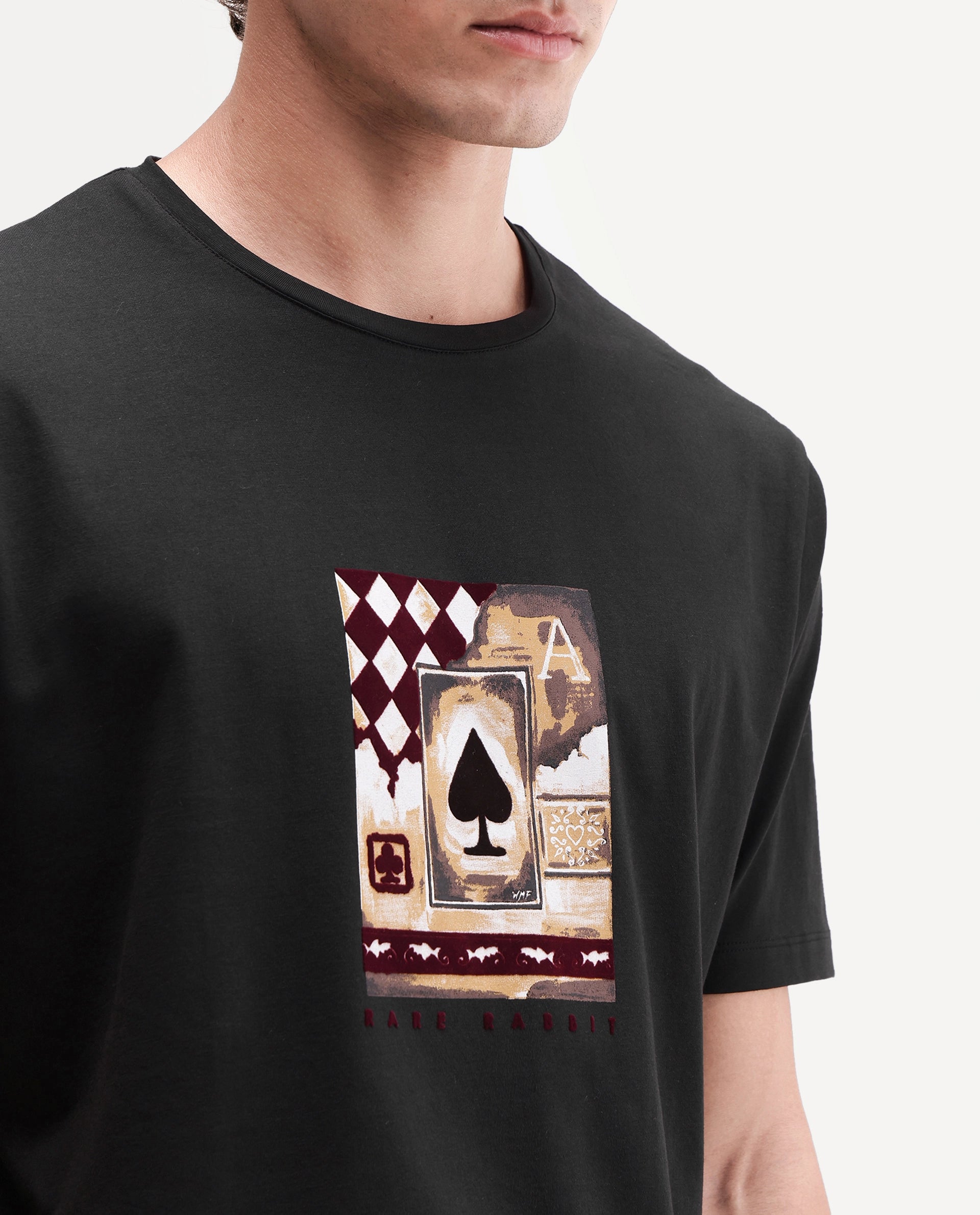 Rare Rabbit Men's Ollie Black Cotton Blend Crew Neck Regular Graphic Print T-Shirt