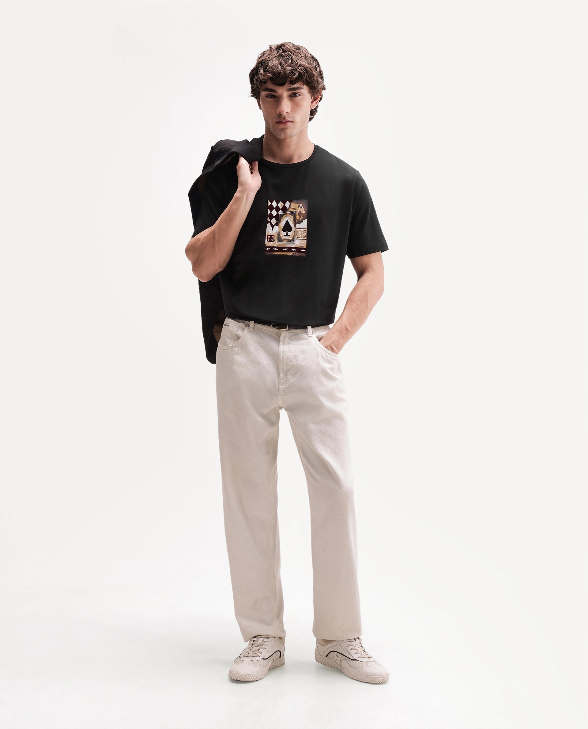 Rare Rabbit Men's Ollie Black Cotton Blend Crew Neck Regular Graphic Print T-Shirt