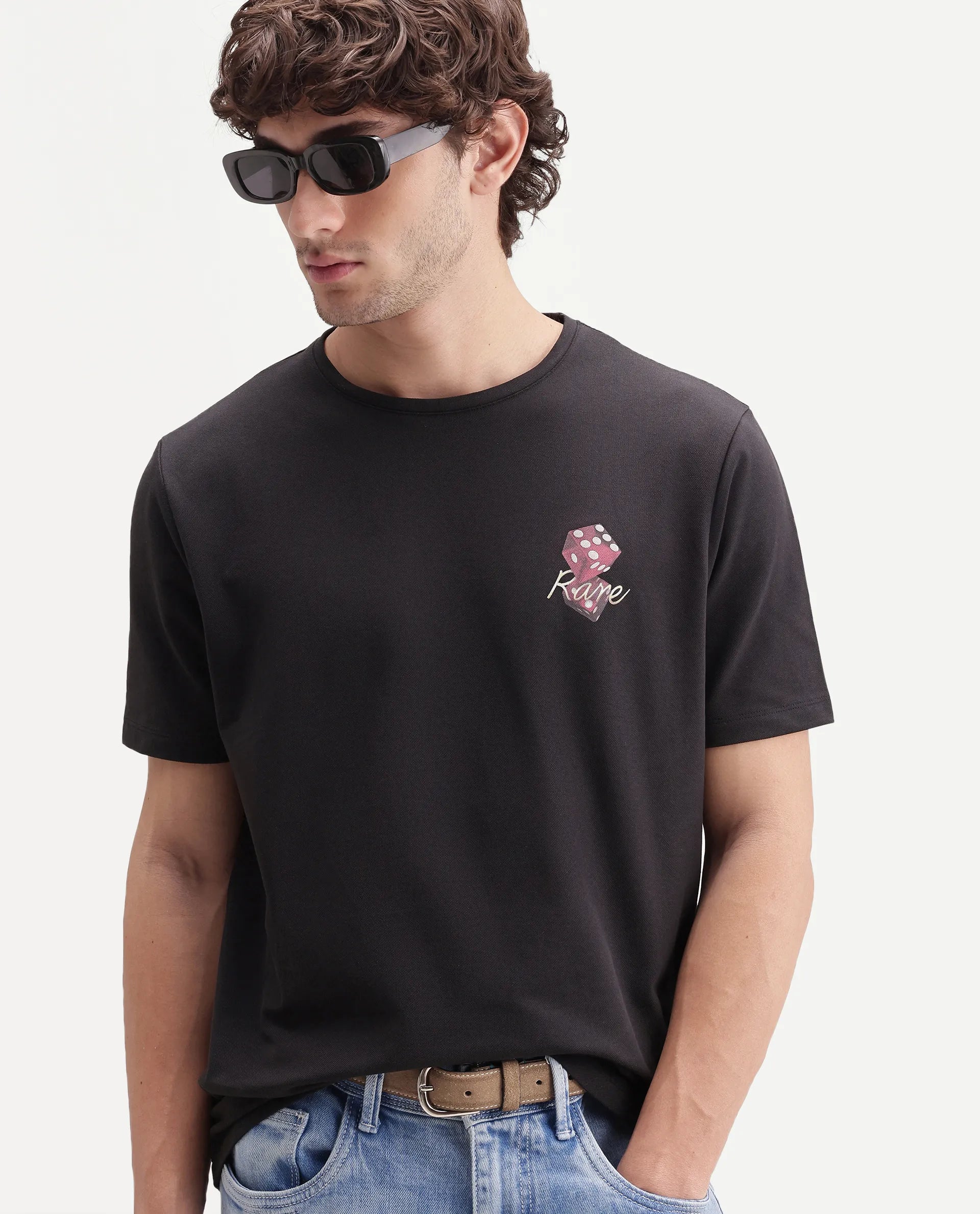 Rare Rabbit Men's Bolton Black Cotton Blend Crew Neck Regular Graphic Print T-Shirt