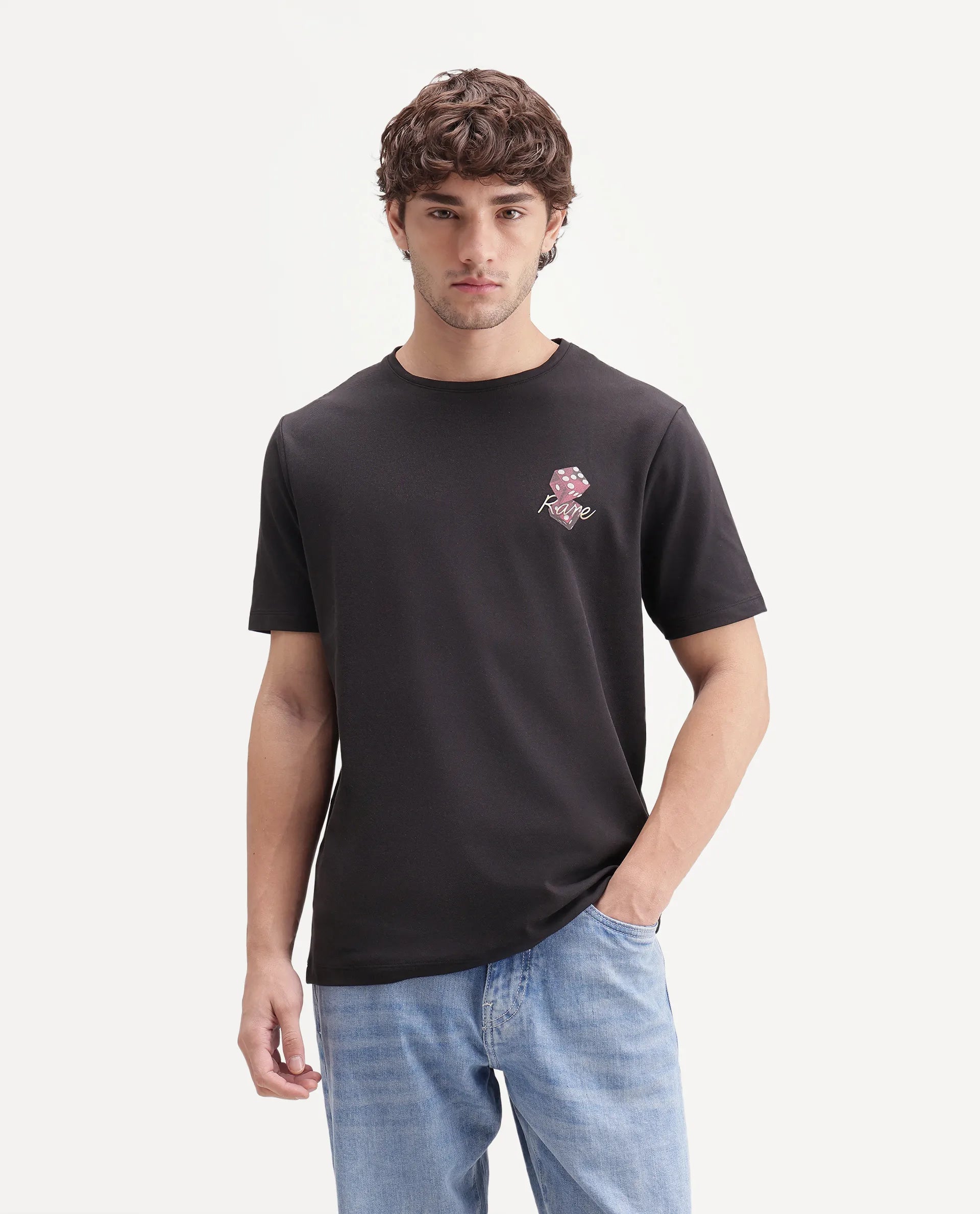 Rare Rabbit Men's Bolton Black Cotton Blend Crew Neck Regular Graphic Print T-Shirt