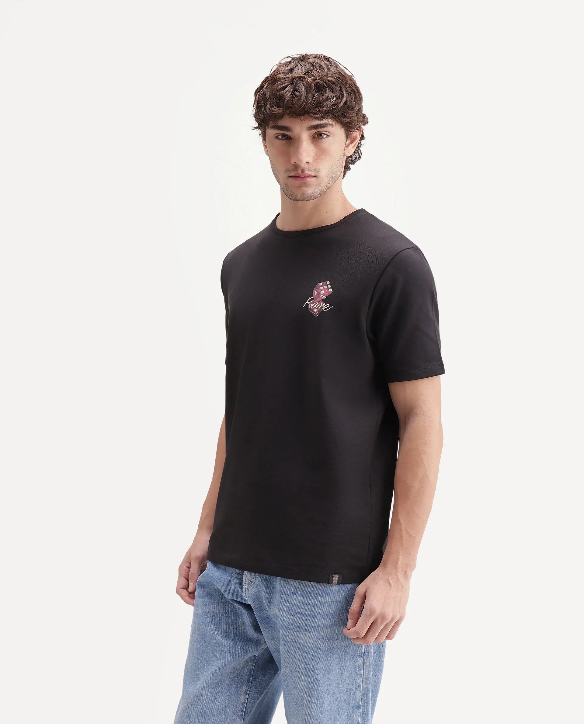 Rare Rabbit Men's Bolton Black Cotton Blend Crew Neck Regular Graphic Print T-Shirt