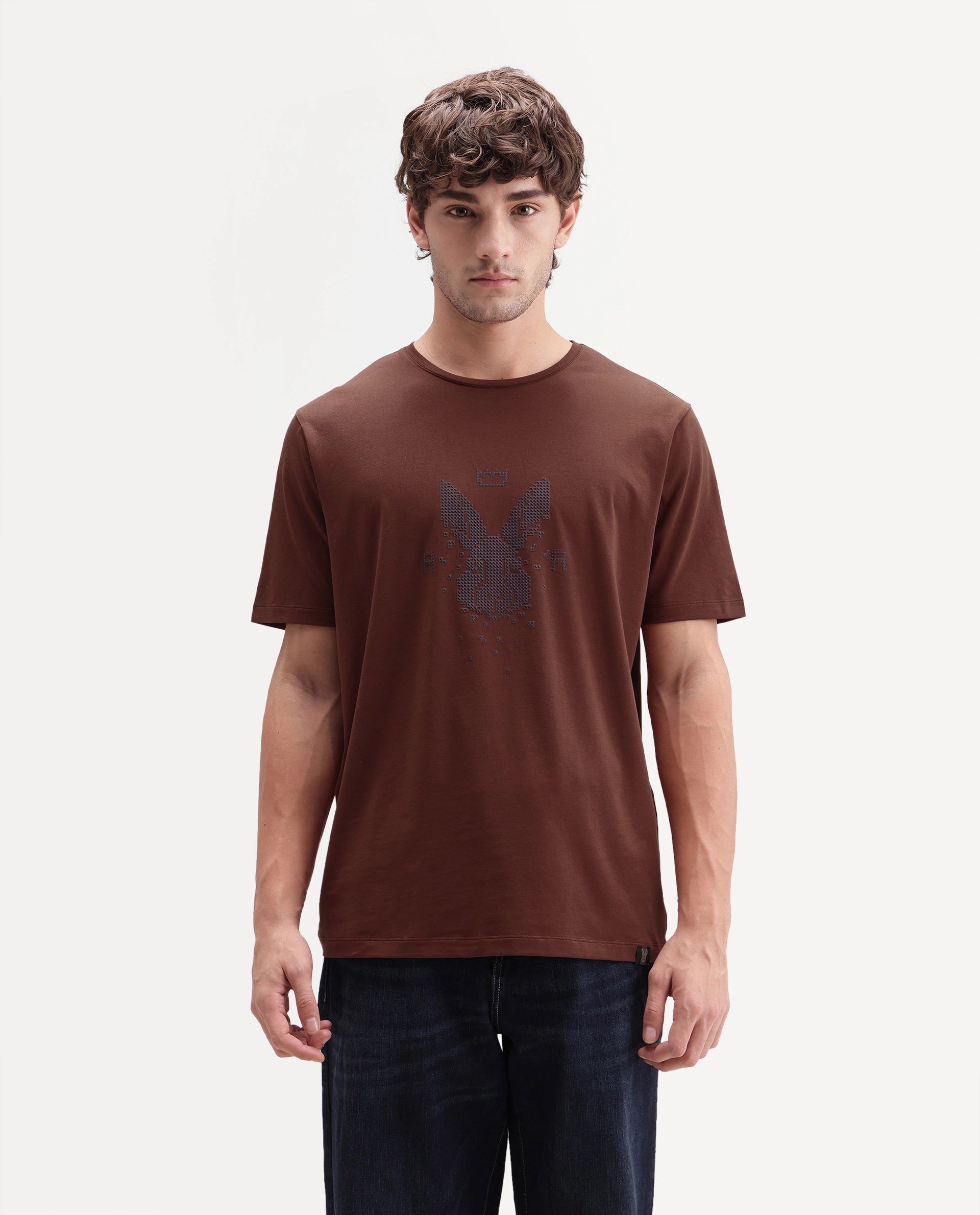 Rare Rabbit Men's Wamble Rust Cotton Blend Crew Neck Regular Graphic Print T-Shirt