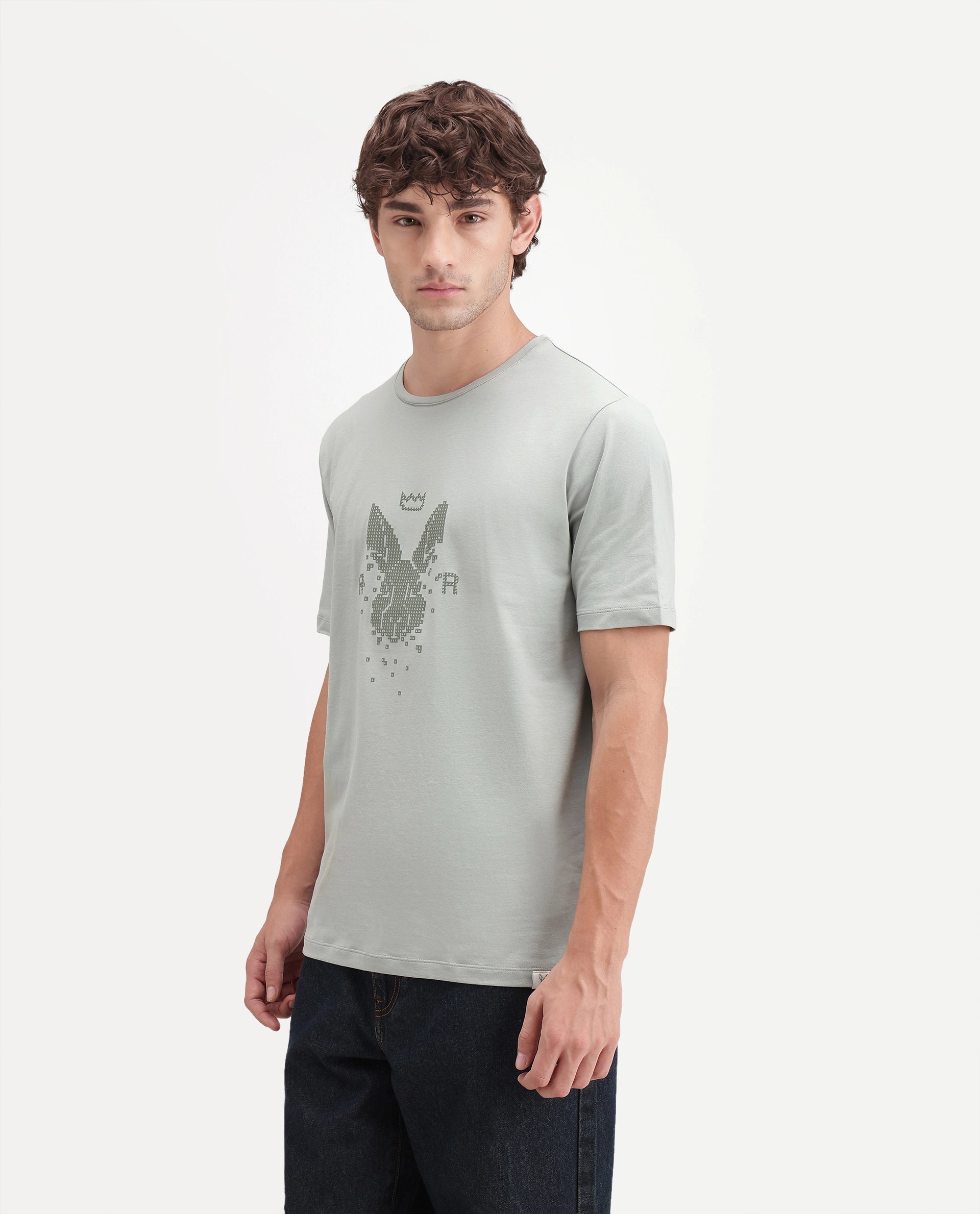 Rare Rabbit Men's Wamble Dusky Green Cotton Blend Crew Neck Regular Graphic Print T-Shirt