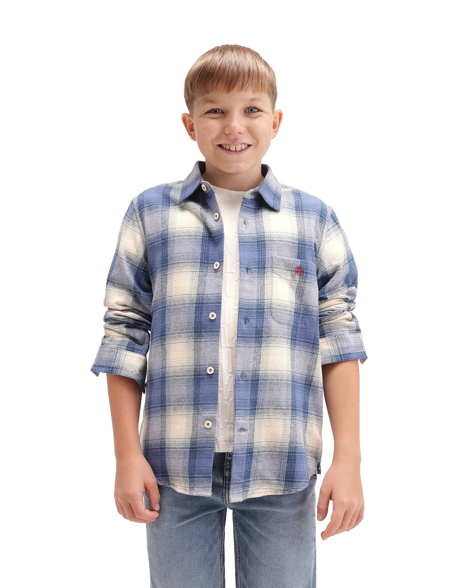 Rare Ones Kids Berry Blue Cotton Fabric Button Closure Regular Fit Checked Shirt