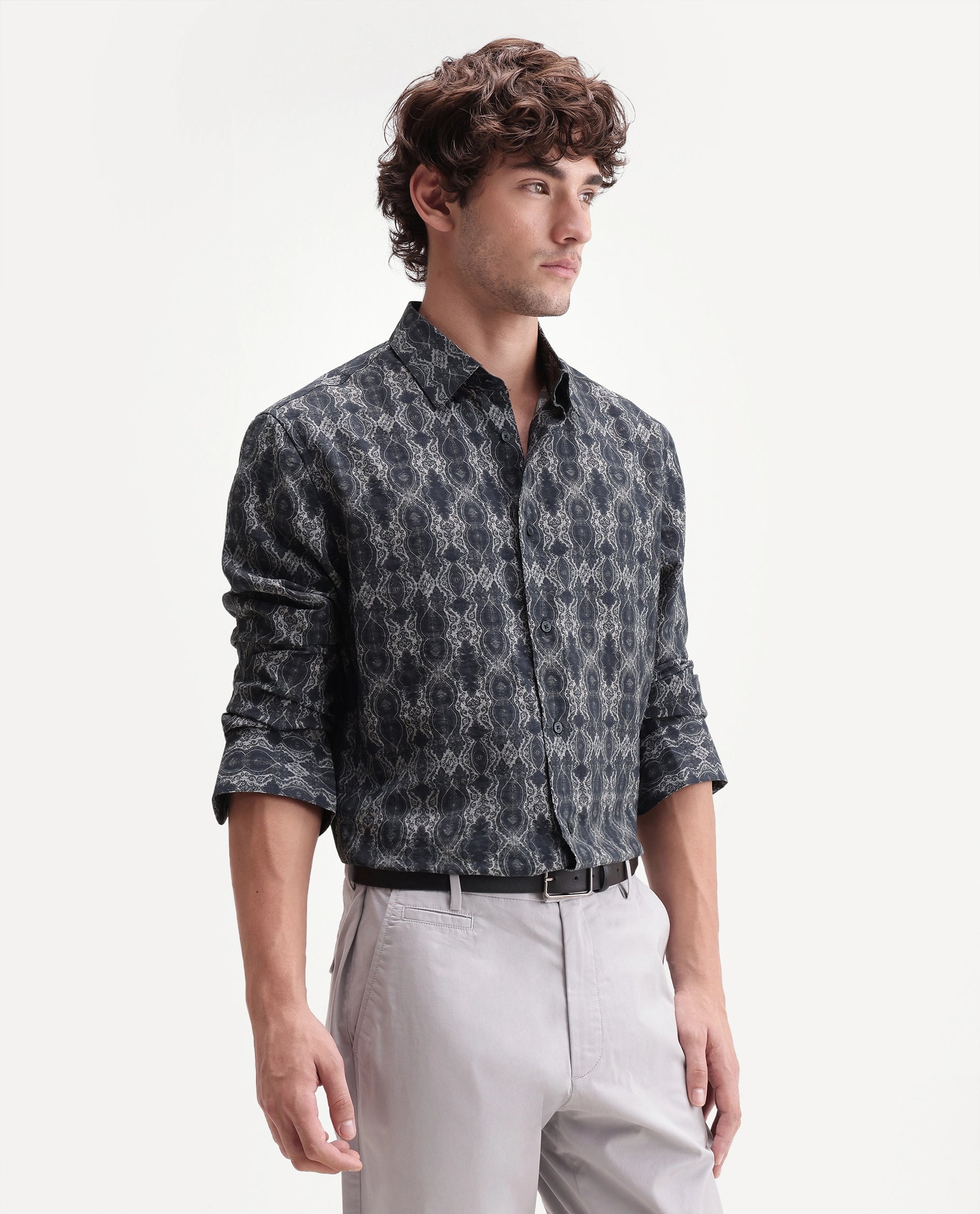 Rare Rabbit Men's Shu Dark Black Viscose Blend Spread Collar Button Regular Paisley Print Shirt