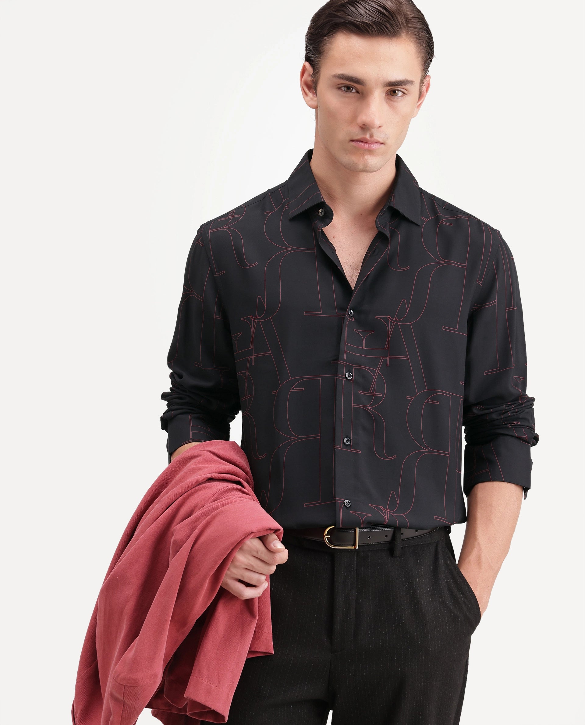 Rare Rabbit Men's Lings Dark Black Viscose Spread Collar Button Regular Monogram Print Shirt
