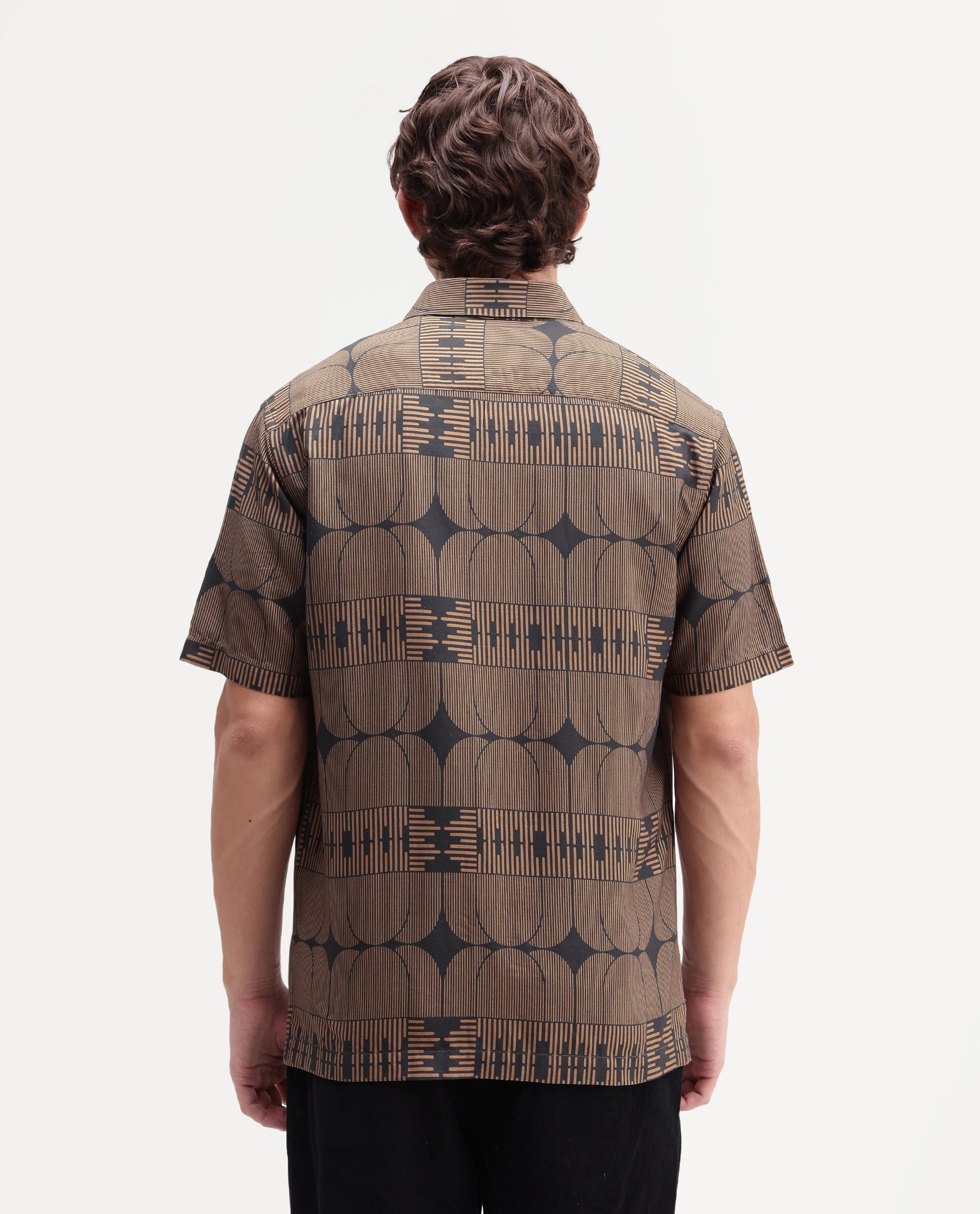 Rare Rabbit Men's Sleek Black Viscose Spread Collar Button Regular Geometric Print Shirt