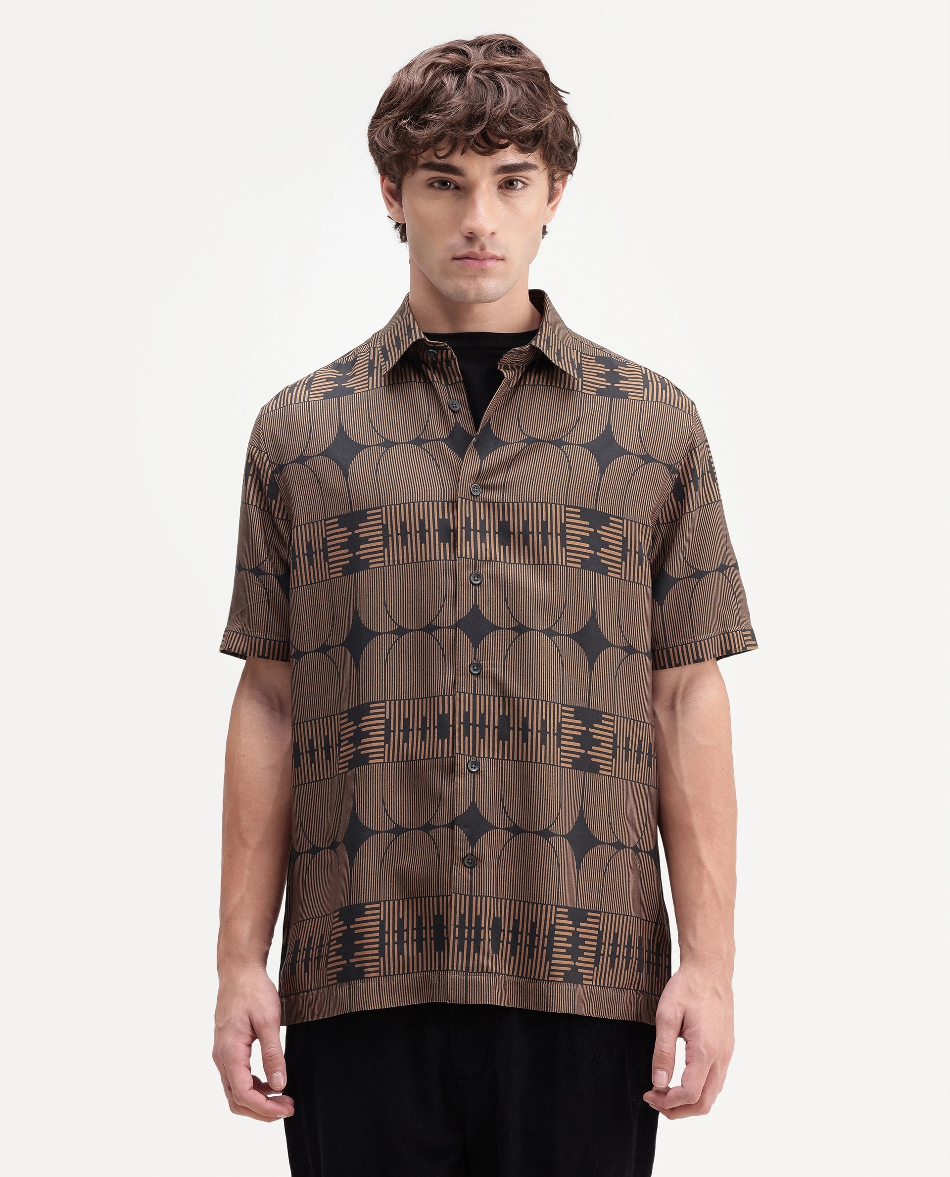 Rare Rabbit Men's Sleek Black Viscose Spread Collar Button Regular Geometric Print Shirt