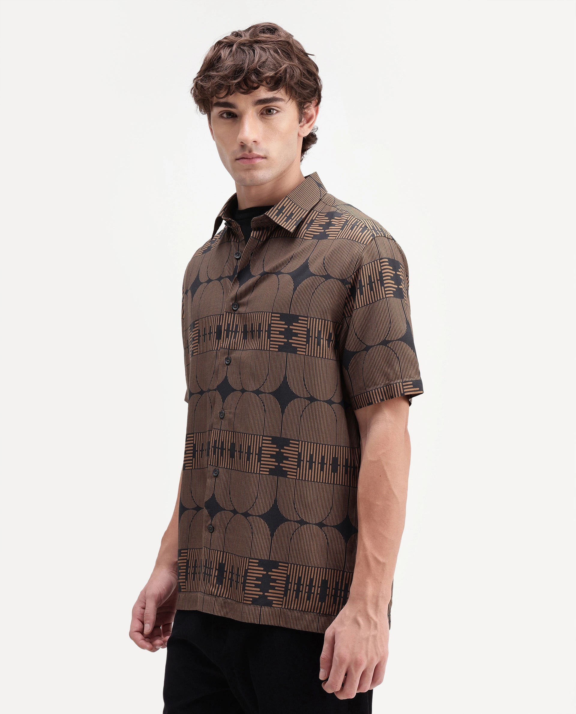 Rare Rabbit Men's Sleek Black Viscose Spread Collar Button Regular Geometric Print Shirt