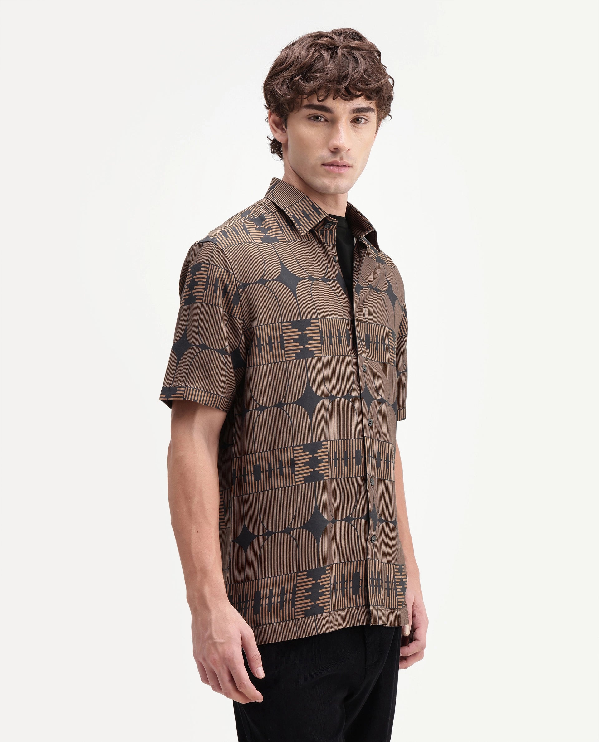 Rare Rabbit Men's Sleek Black Viscose Spread Collar Button Regular Geometric Print Shirt