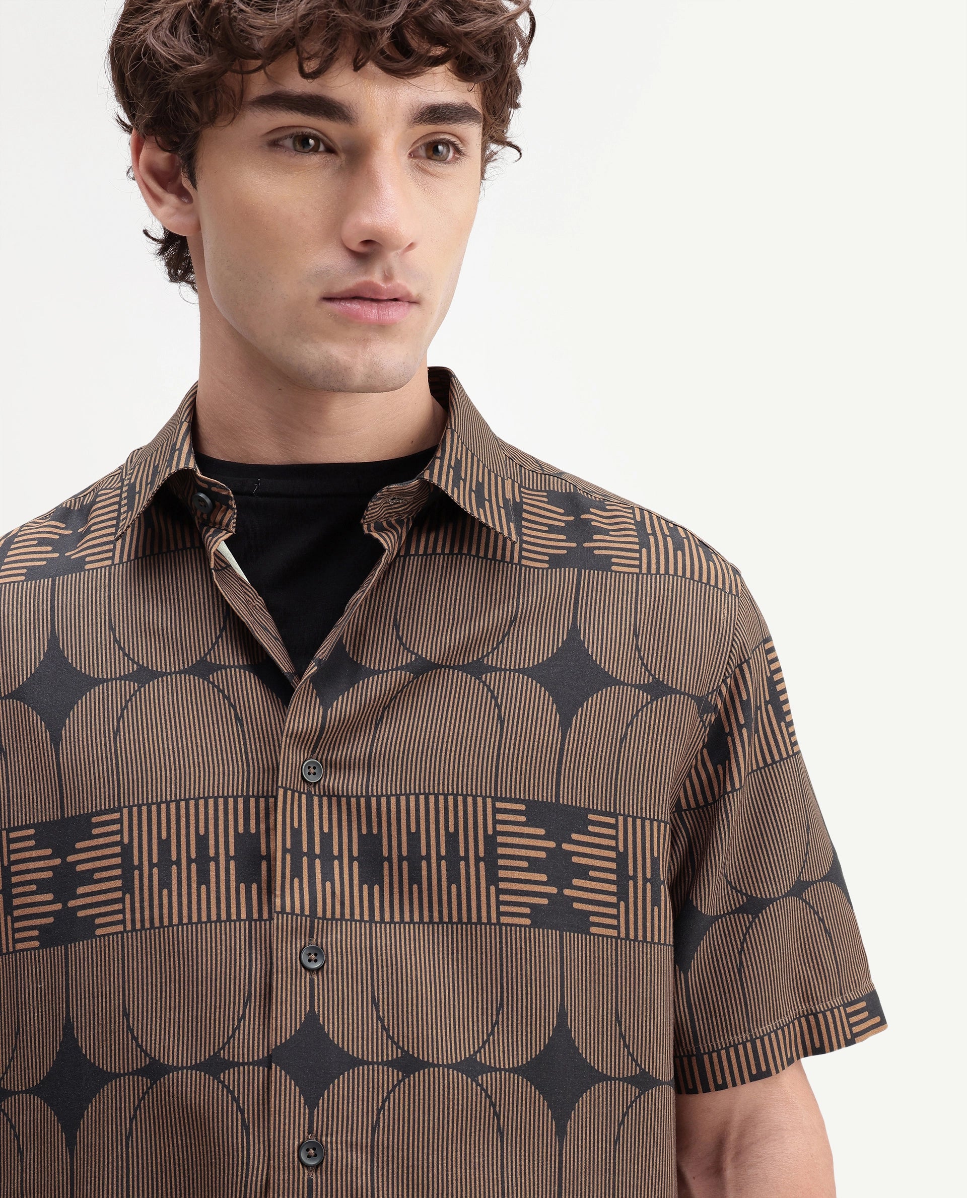 Rare Rabbit Men's Sleek Black Viscose Spread Collar Button Regular Geometric Print Shirt